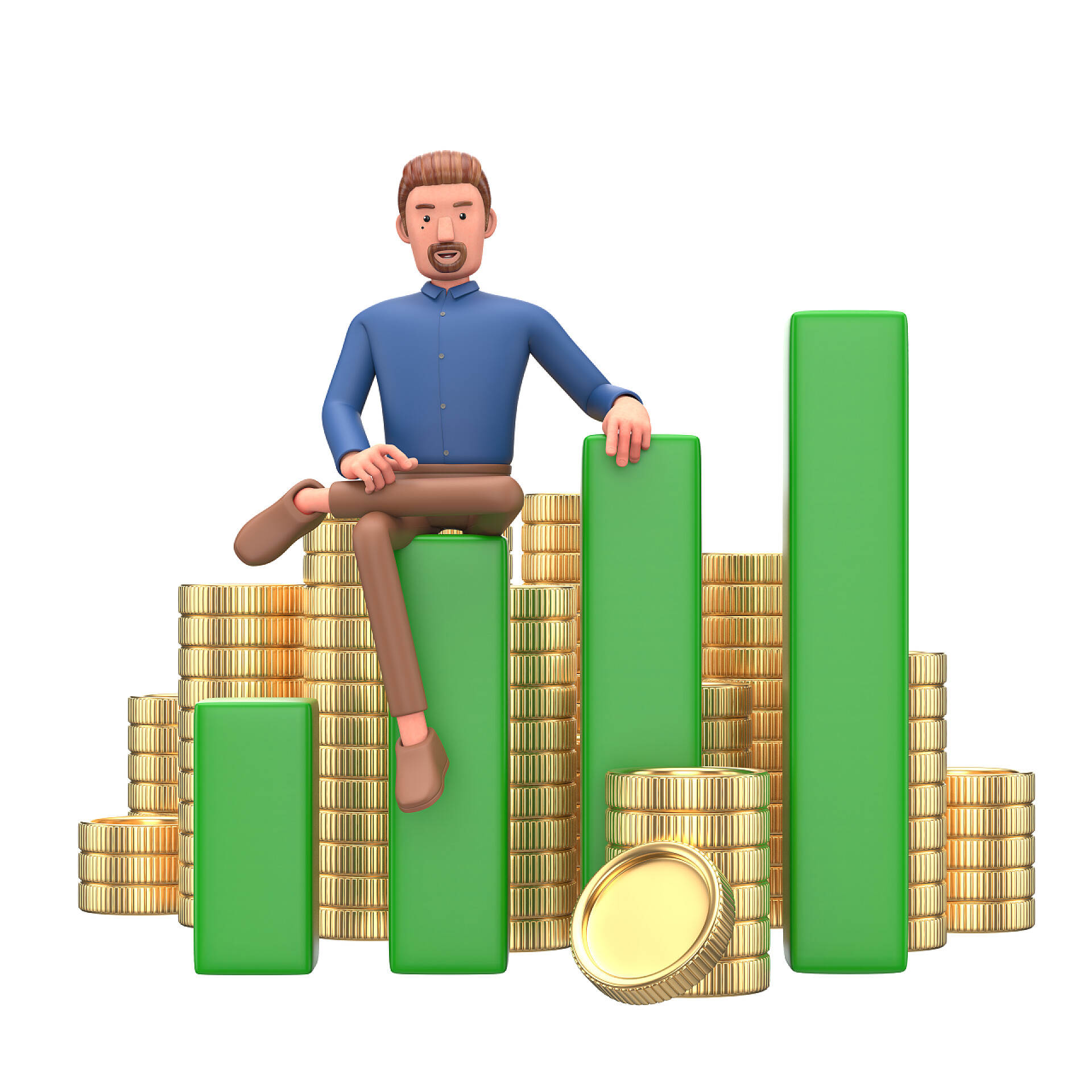3d卡通坐在金币上的男人卡通人物、商人和硬币在金融方面取得了成功.