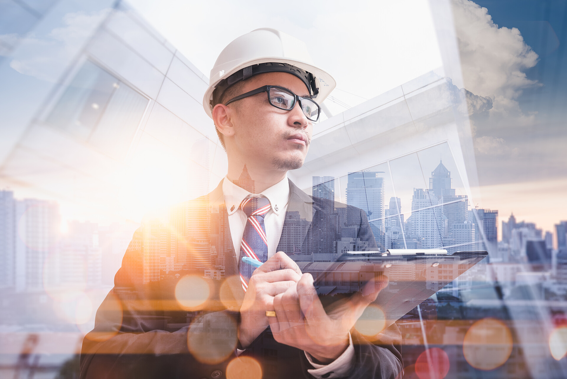 模糊城市背景上的工程人员工程人员在日出时倒立的双重曝光图像与城市景观图像重叠在一起。工程、建筑、城市生活和未来的概念.