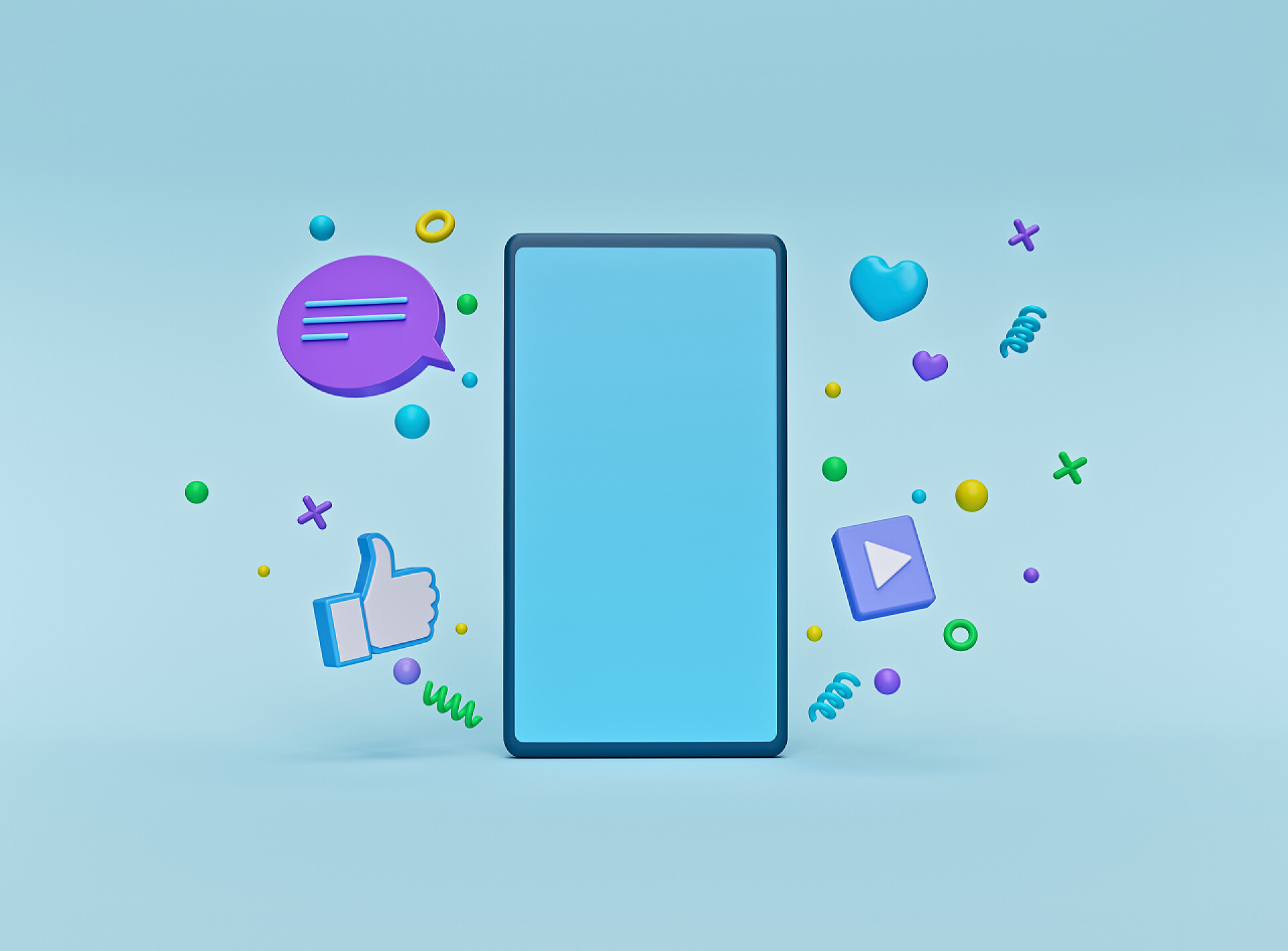 蓝色背景上的智能手机带智能手机的抽象几何形状背景。社交媒体广告的时尚与时尚设计。3d渲染