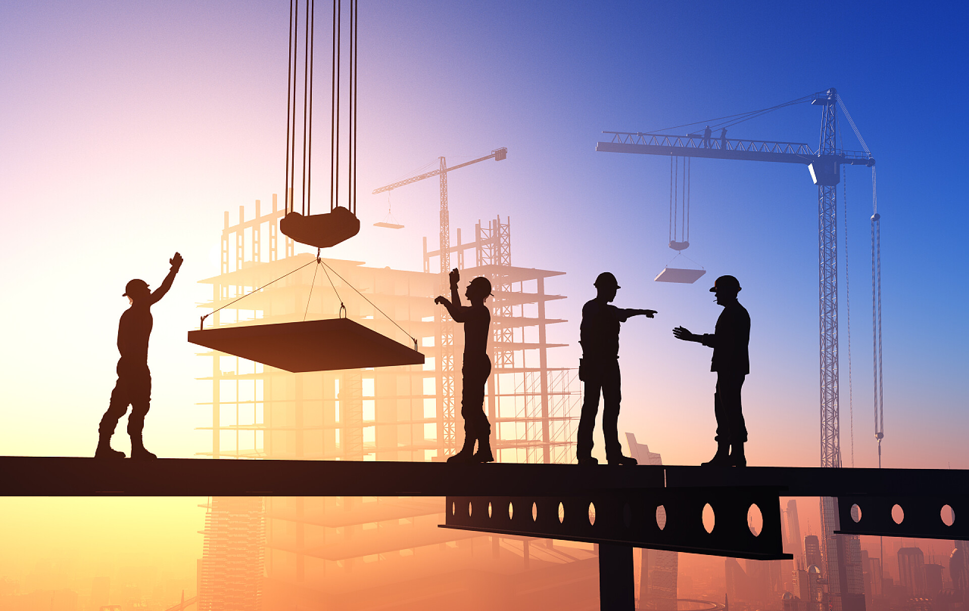 工地上施工的工人在城市背景下工作的人., 3d