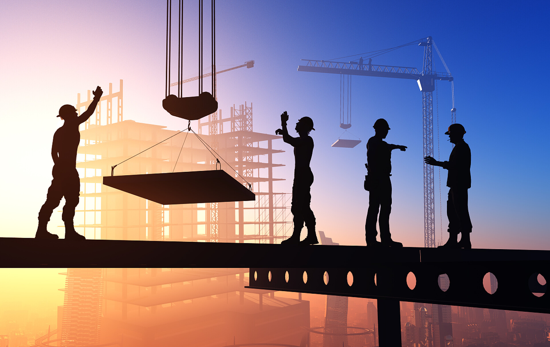 正在施工的工人工人们在天空背景下的轮廓，3D渲染