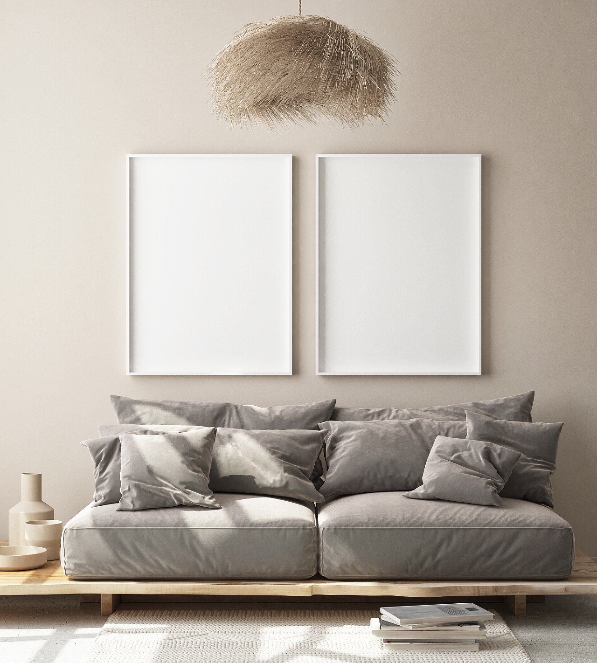 现代简约家具装修模拟海报框架在现代室内背景, 客厅, 斯堪的纳维亚风格, 3d 渲染, 3d 插图