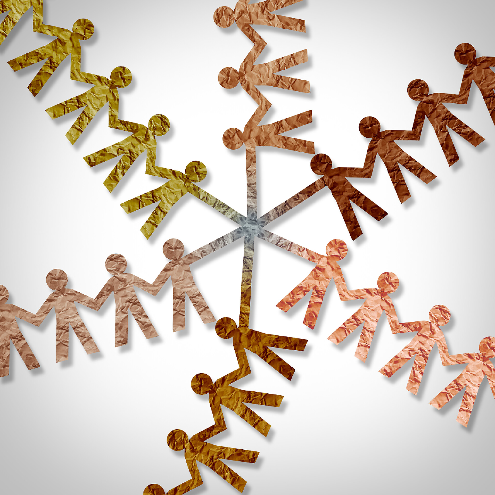 白色背景前小纸人手拉手社会团结和文化多样性概念是以三维图解的形式表现的多样性人.