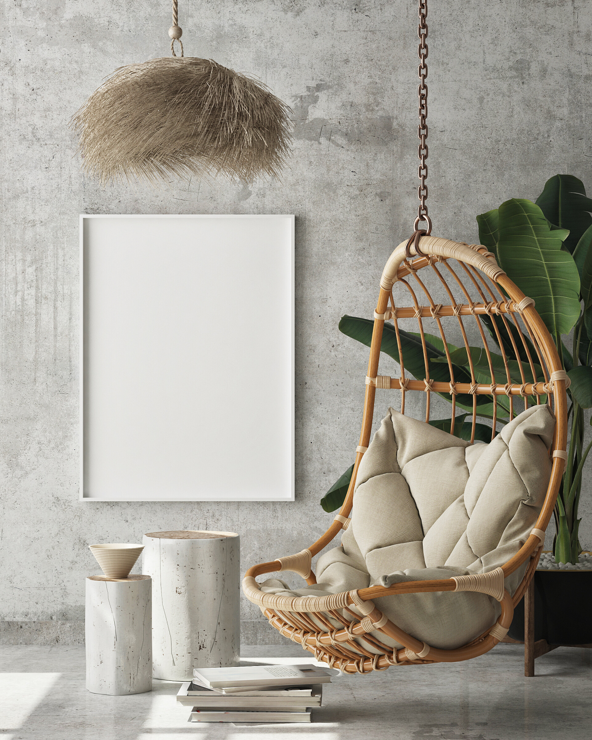 现代室内装修风格在现代室内环境、客厅、斯堪的纳维亚风格、 3D渲染、 3D插图中模拟海报框架