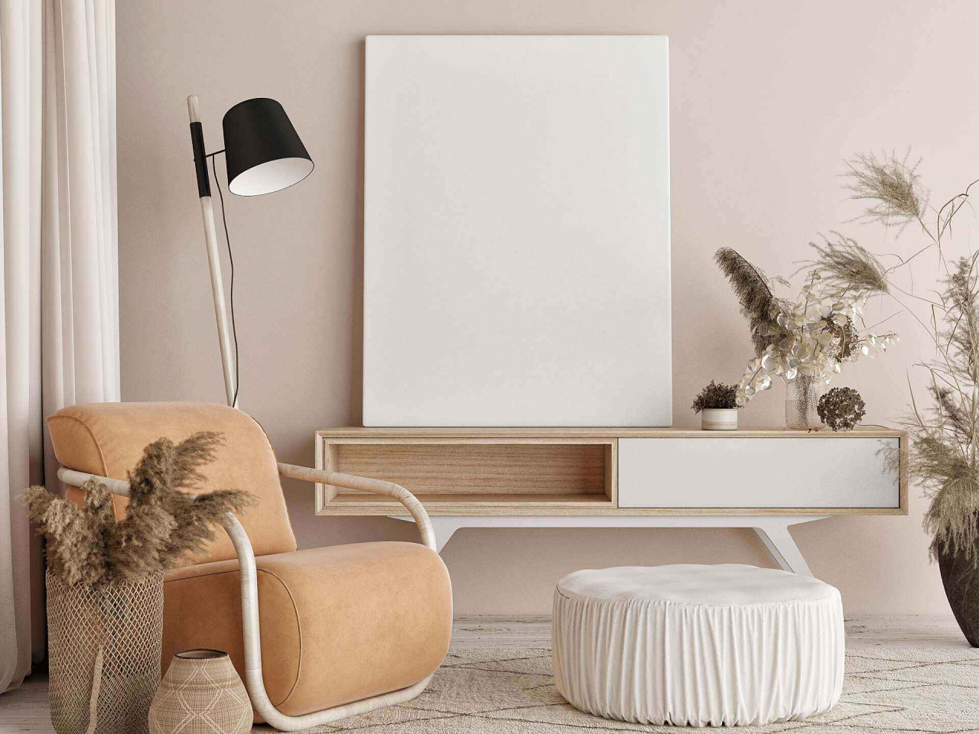 客厅里简单的陈设客厅里的海报，自然色彩背景，3D渲染，3D插图