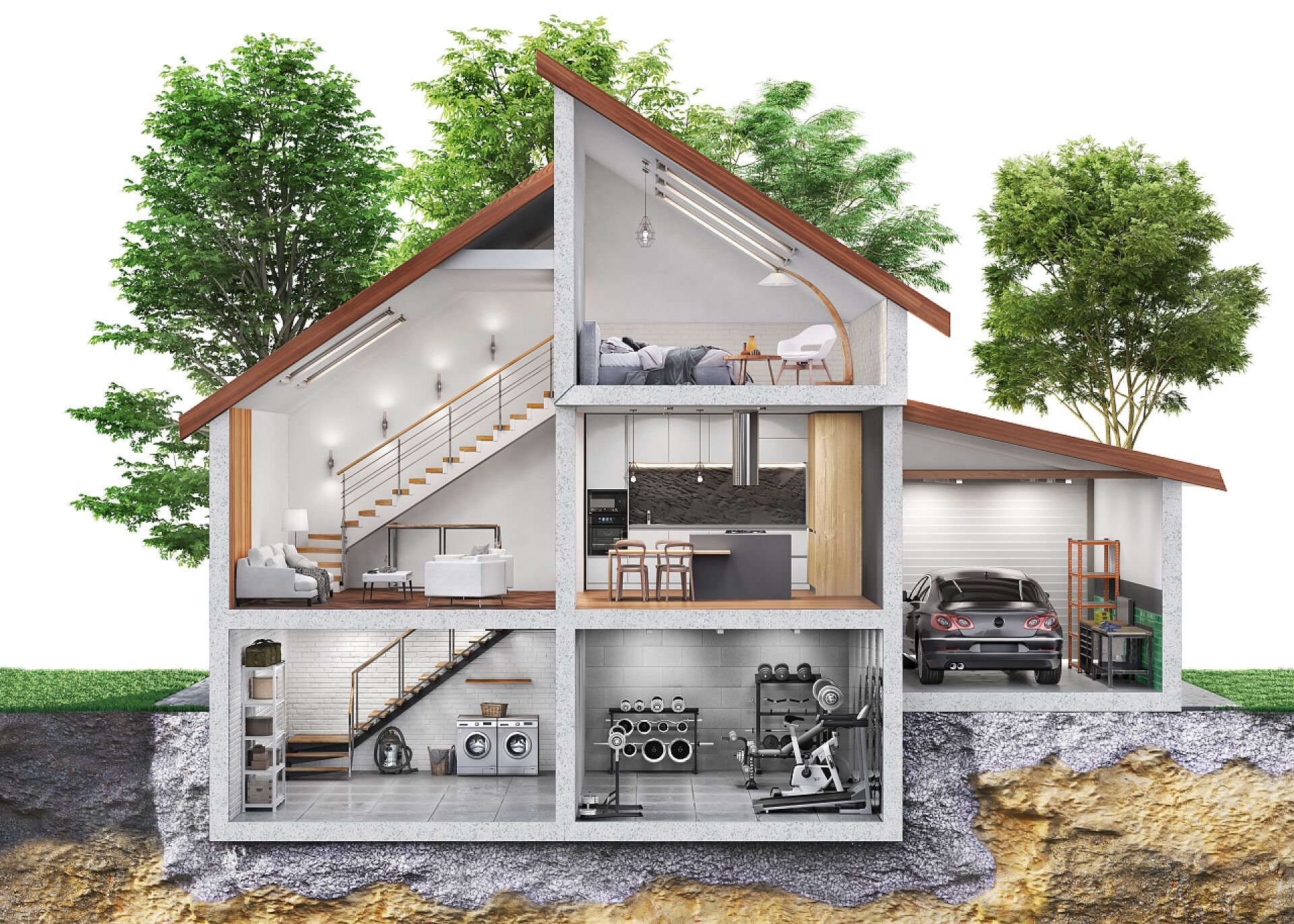 3d美丽的别墅建筑剖面图在一个绿树成荫的花园中劈开房屋,眼前尽收眼底.3d说明 