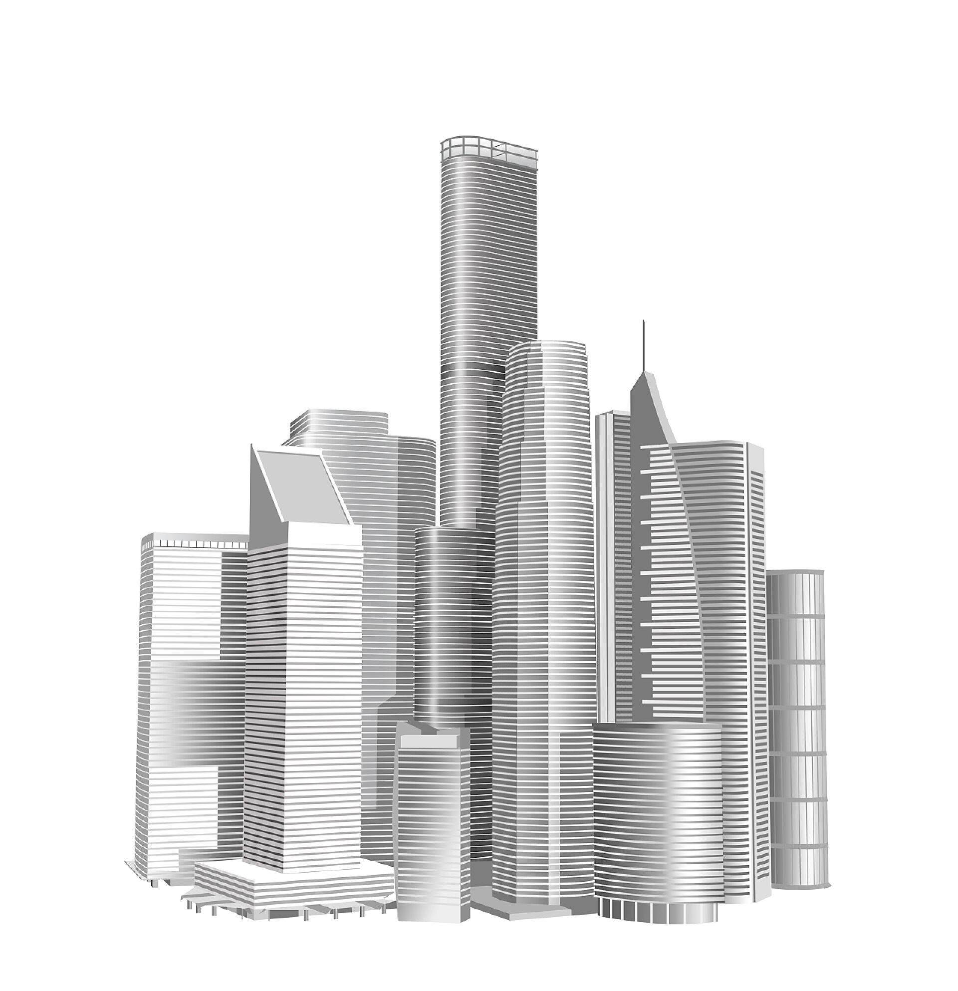 3D建筑模型现代化摩天大楼摩天大楼城市的天际线被白色的背景隔开了。说明1