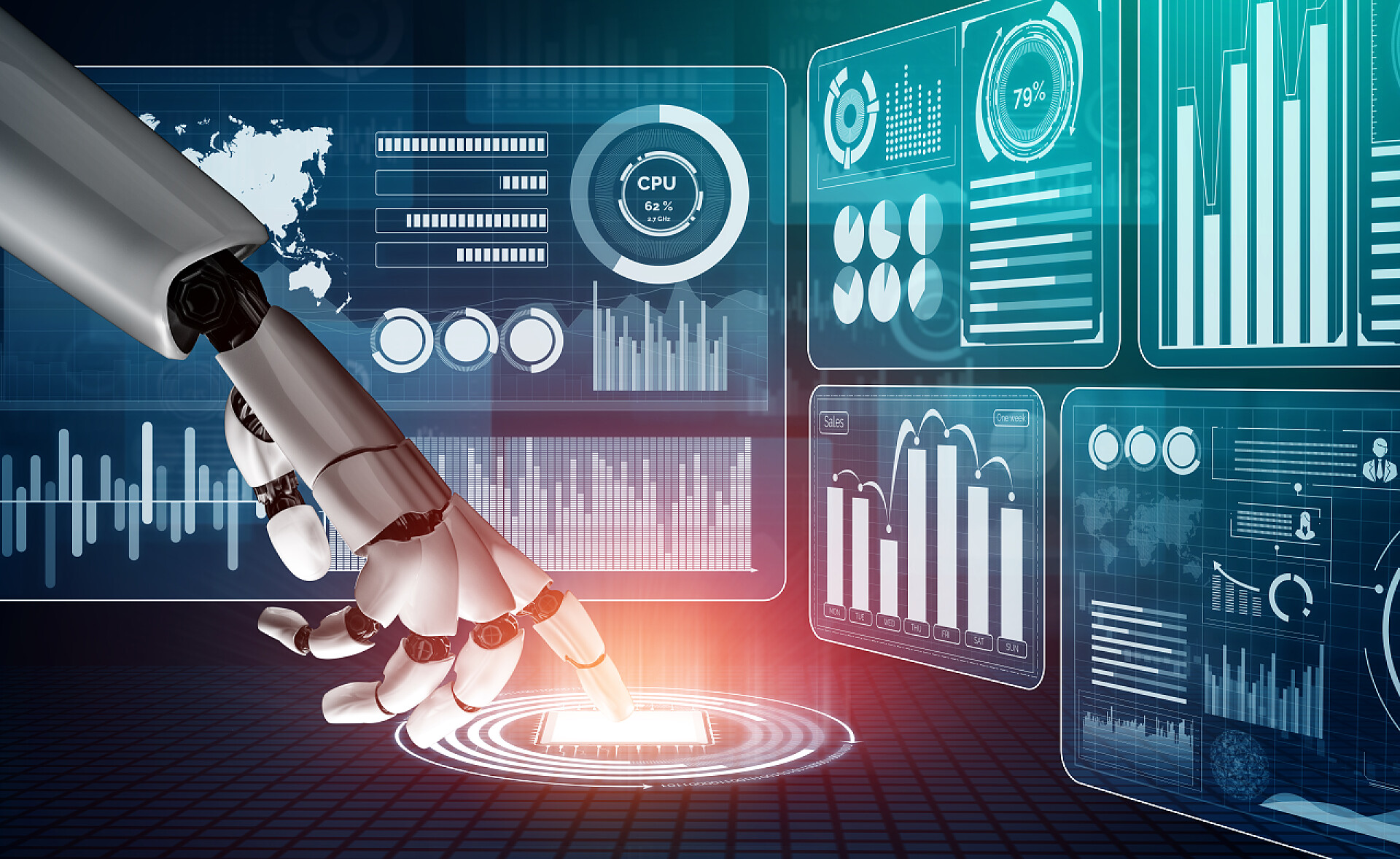 3D人工智能机器人按动按键显示数据分析图3D渲染未来机器人技术的发展、人工智能人工智能和机器学习的概念。全球机器人生物科学研究促进人类生活的未来.