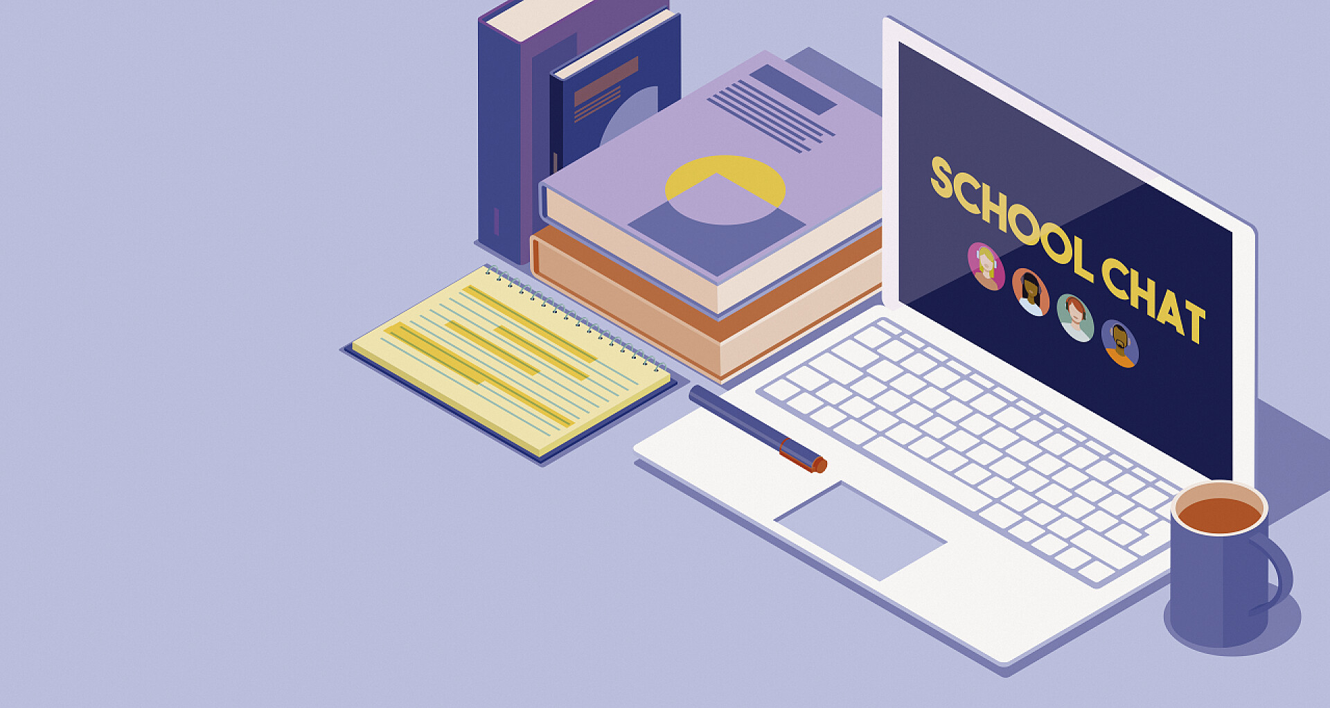 用笔记本电脑线上学习的3D插画在线学习和创新教育：学生在线聊天，学生书桌和笔记本电脑，等距3D插图