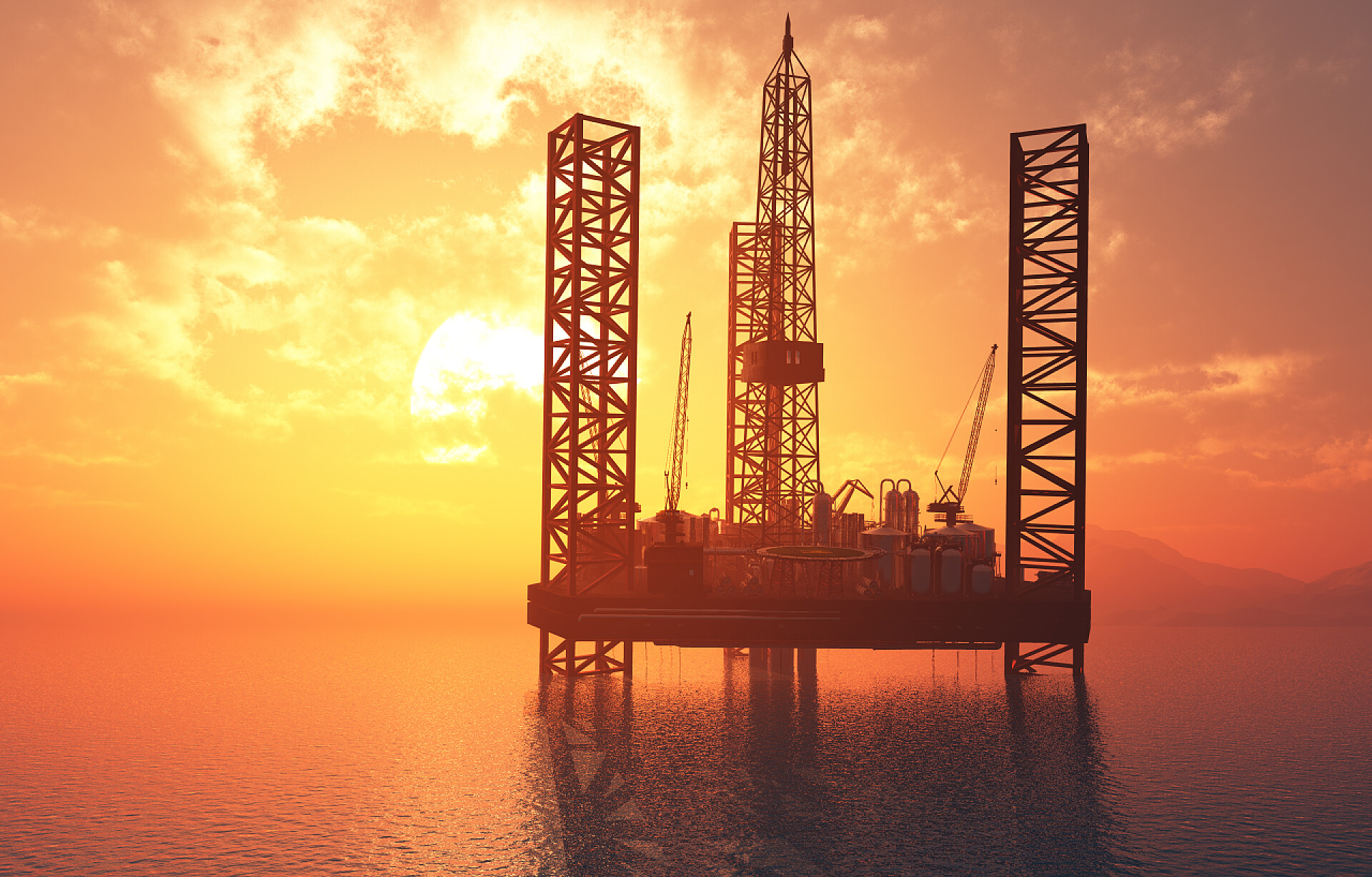 化工安全生产黄昏时分海上开采油田设备夜晚的石油生产，3D渲染