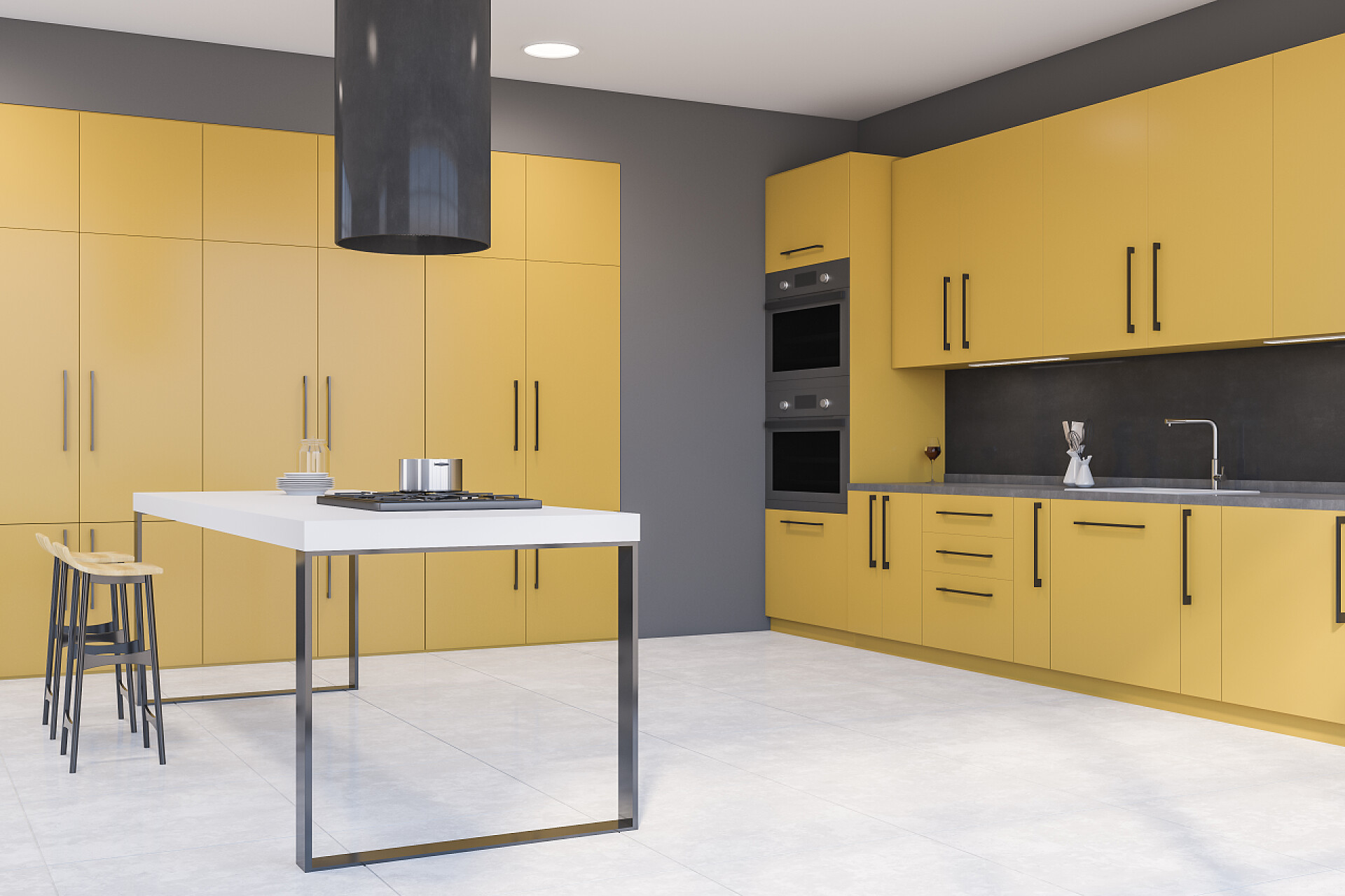 3D渲染建筑模型现代化厨房室内设计现代化厨房的角落，有灰色的墙壁，混凝土地面，黄色的橱柜，两个烤箱和带有凳子的酒吧。3d渲染