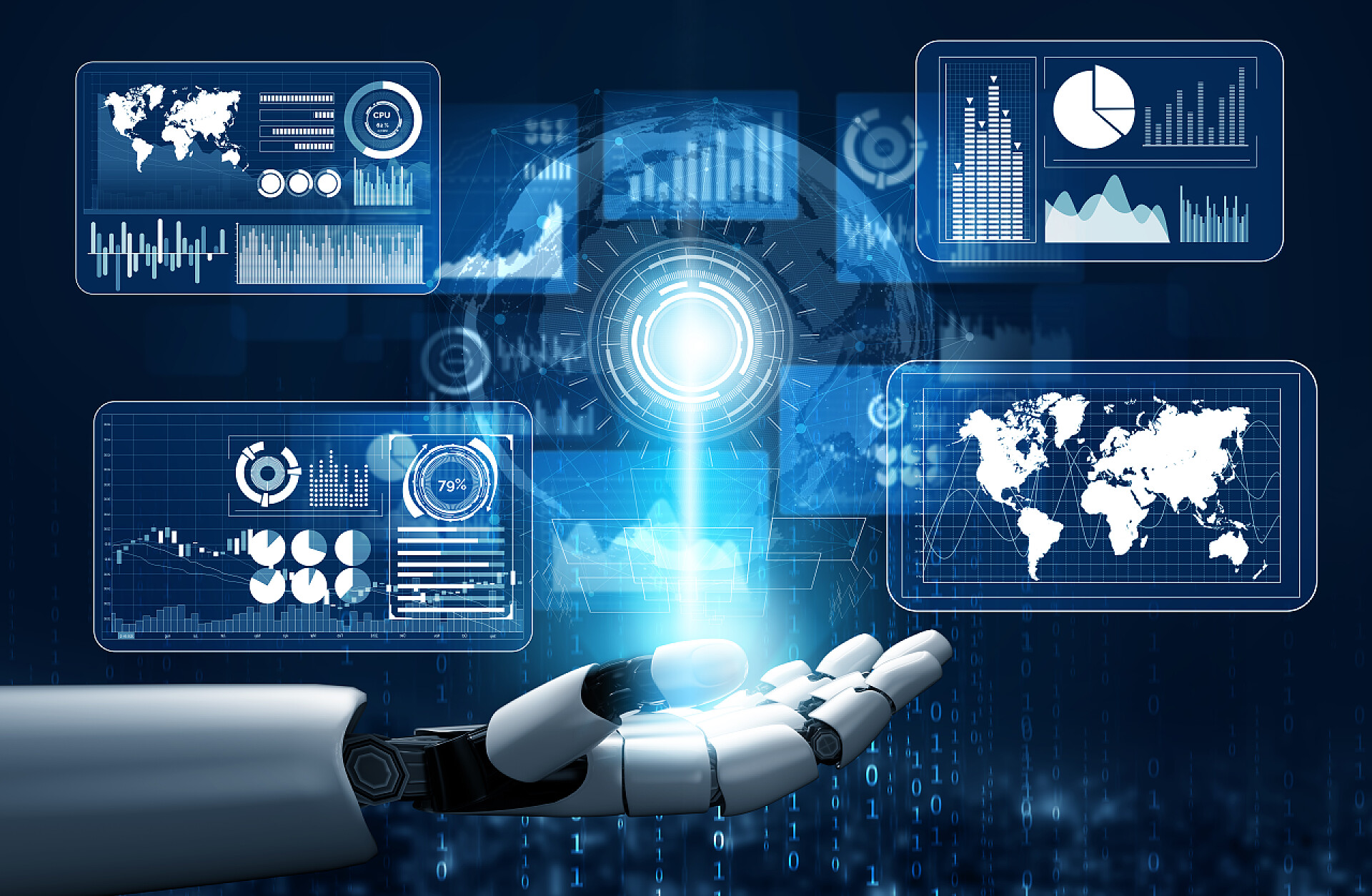 机器人伸手出现光屏的画面3D渲染未来机器人技术的发展、人工智能人工智能和机器学习的概念。全球机器人生物科学研究促进人类生活的未来.