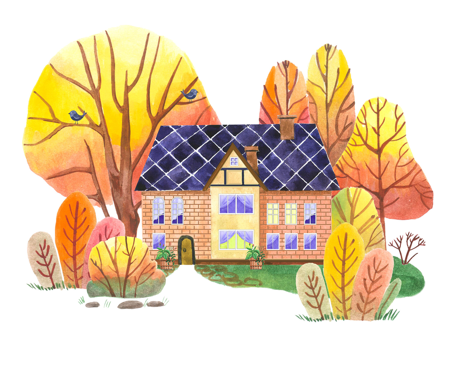 秋天森林里的村舍水彩画一座明媚的秋天森林里的村舍。水彩画