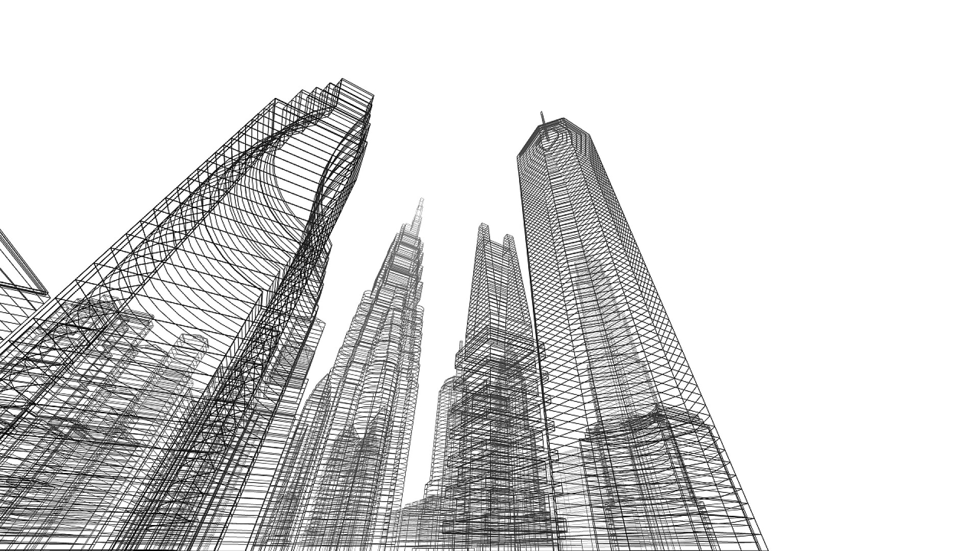 白色背景墙的铅笔线条建筑施工城市三维图解设计，抽象背景.