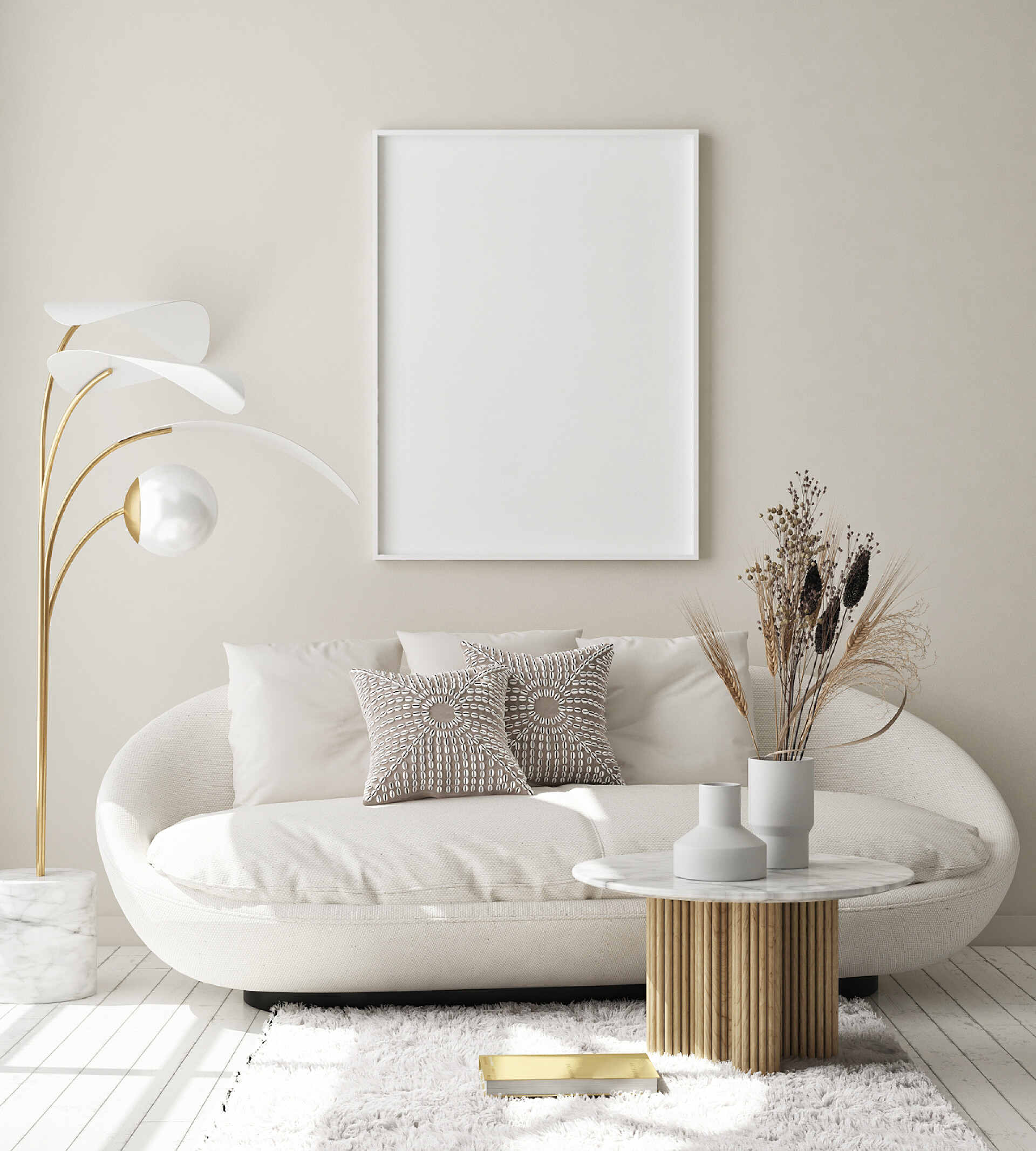 温馨装修的现代客厅在现代室内环境、客厅、斯堪的纳维亚风格、 3D渲染、 3D插图中模拟海报框架