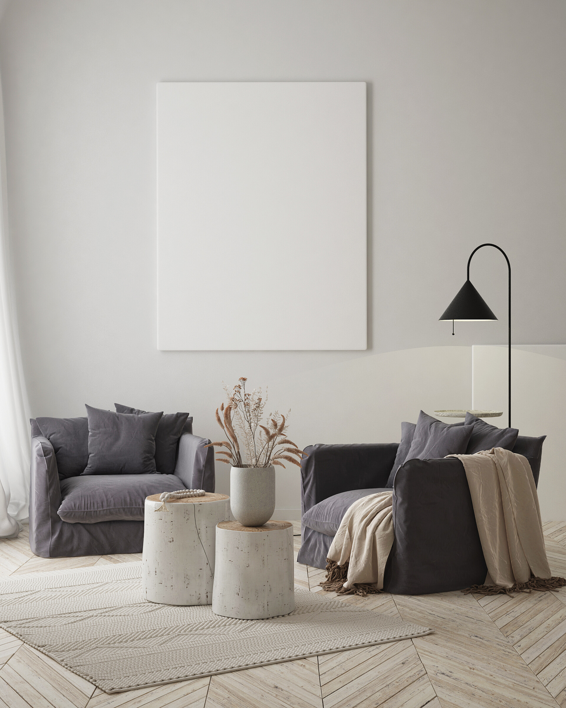 简约装修的客厅在现代室内环境、客厅、斯堪的纳维亚风格、 3D渲染、 3D插图中模拟海报框架