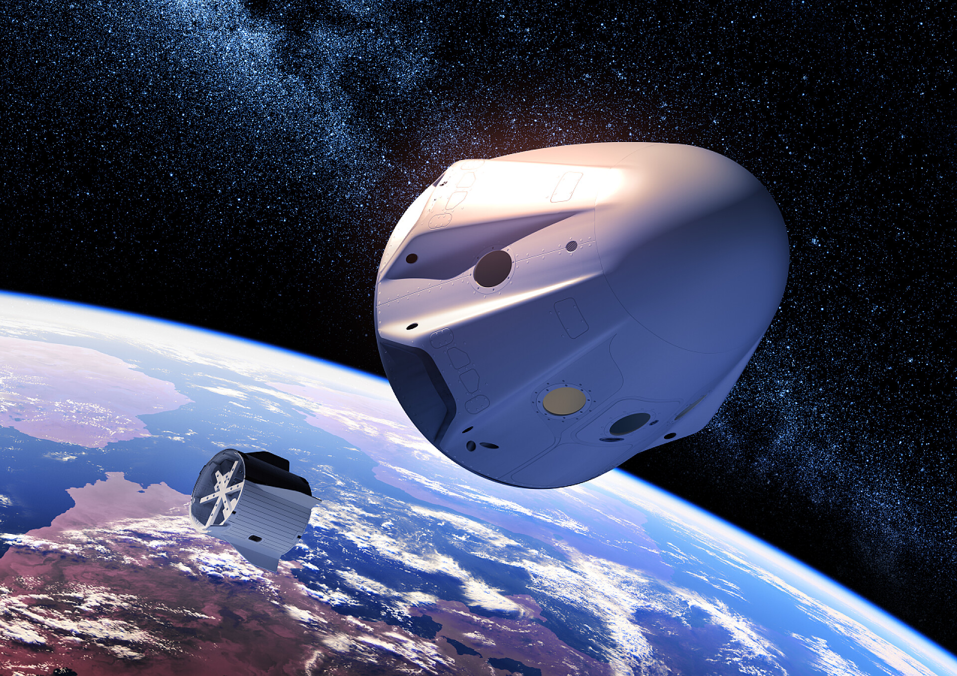 从太空往地球返的返回舱在地球背景下将下降舱与私人航天器分离