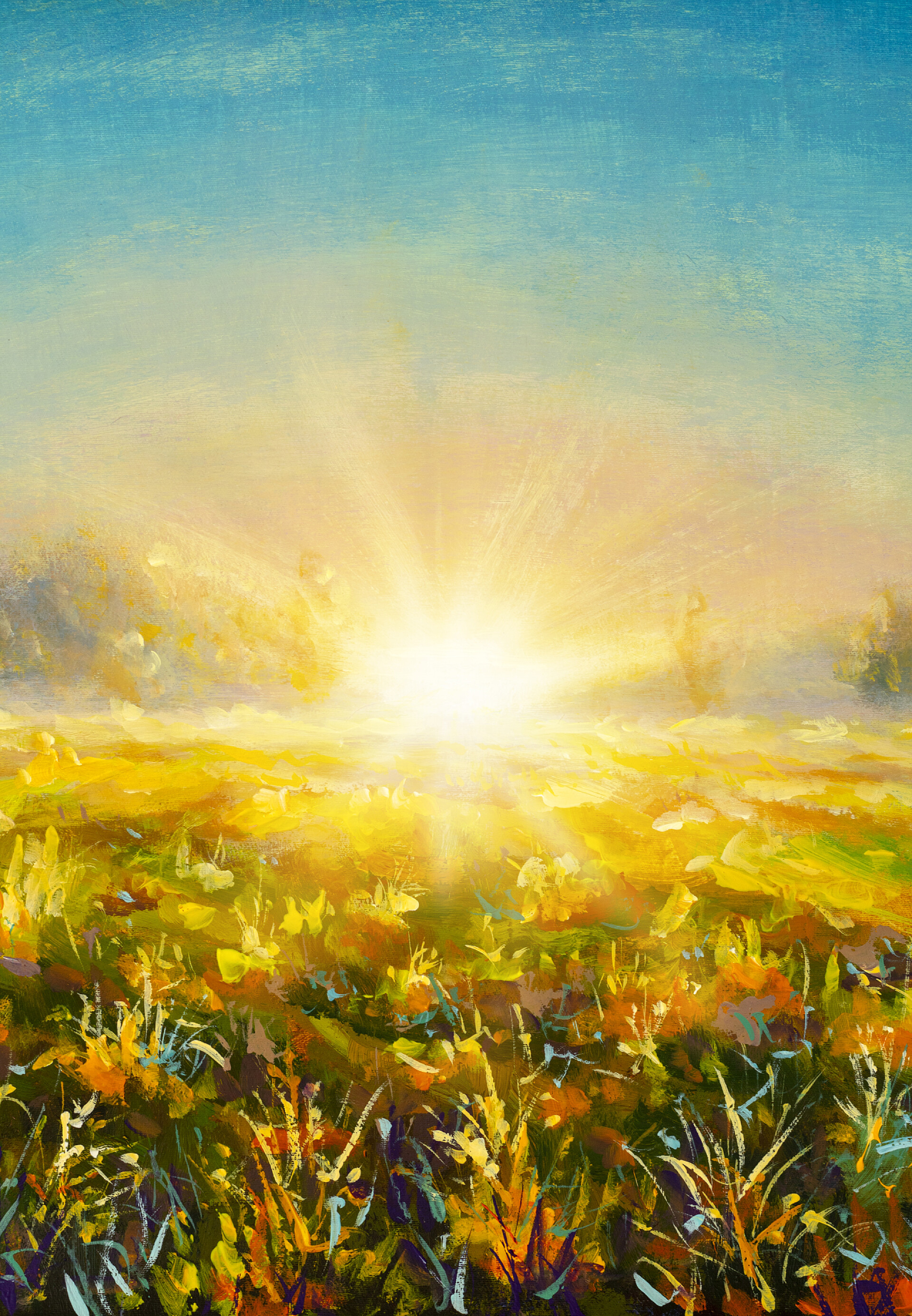 蓝天下阳光的上升雾蒙蒙的黎明时分的落日绘画蒙太奇的印象画山水画花草甸油田油