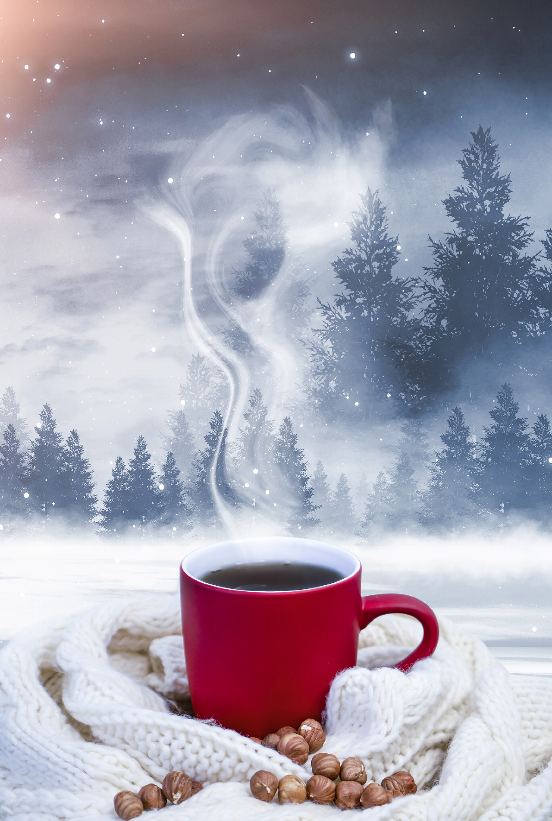 寒冷的季节里一杯热气腾腾的咖啡红杯咖啡，白雪公主背景下的茶，冬季森林。一个红色的杯子，背景是冬天的森林景观，披着柔软舒适的围巾。咖啡，山茶.