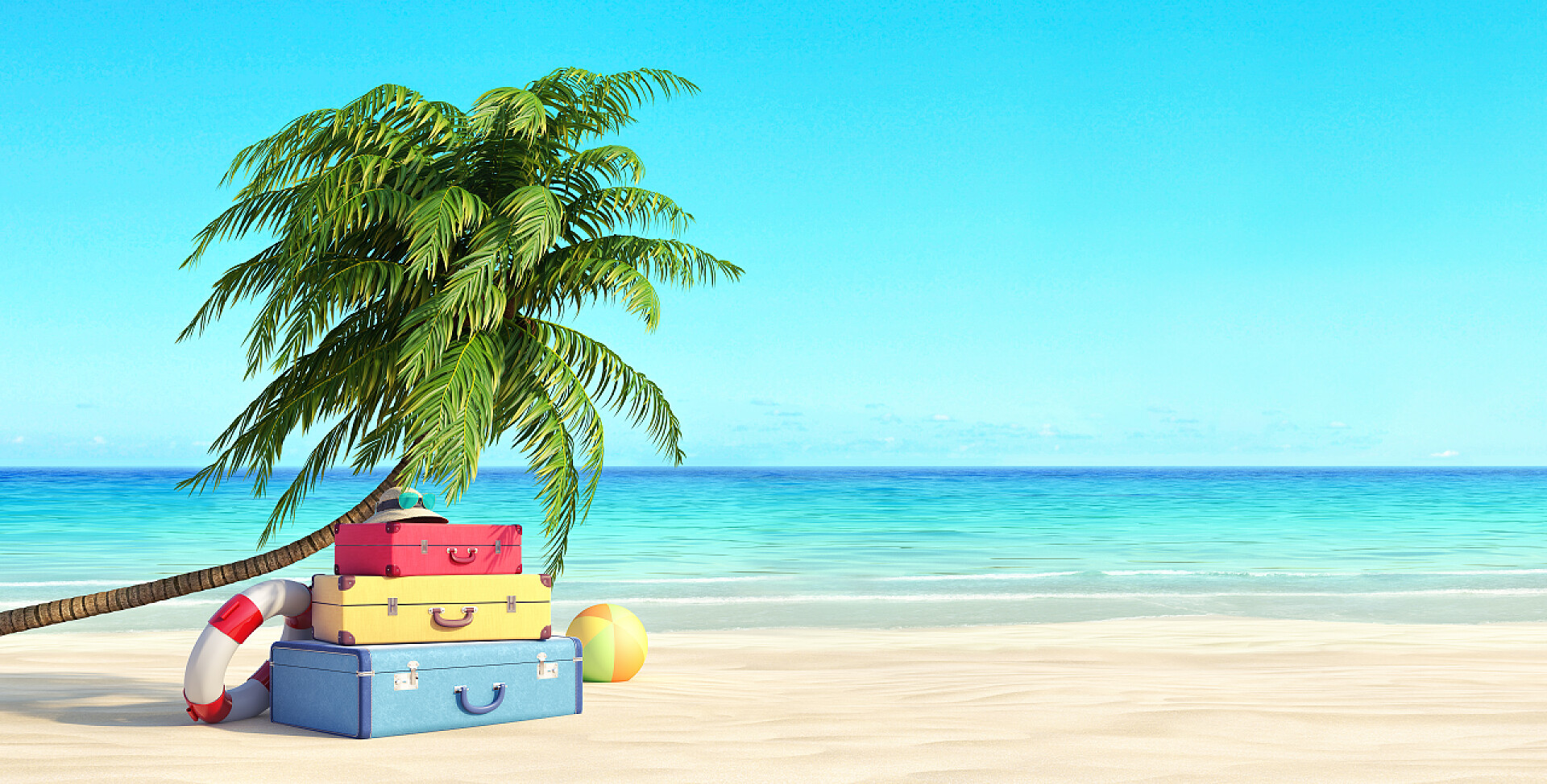 蓝天下的大海和沙滩准备暑假，旅行背景，带棕榈树和手提箱的海滩，3D渲染3D插图