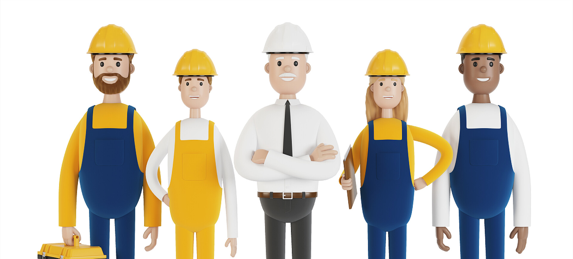 白色背景前的五个卡通小工人产业工人。建筑团队。各种专业的工程师、技术员和工人。卡通风格的3D插图.