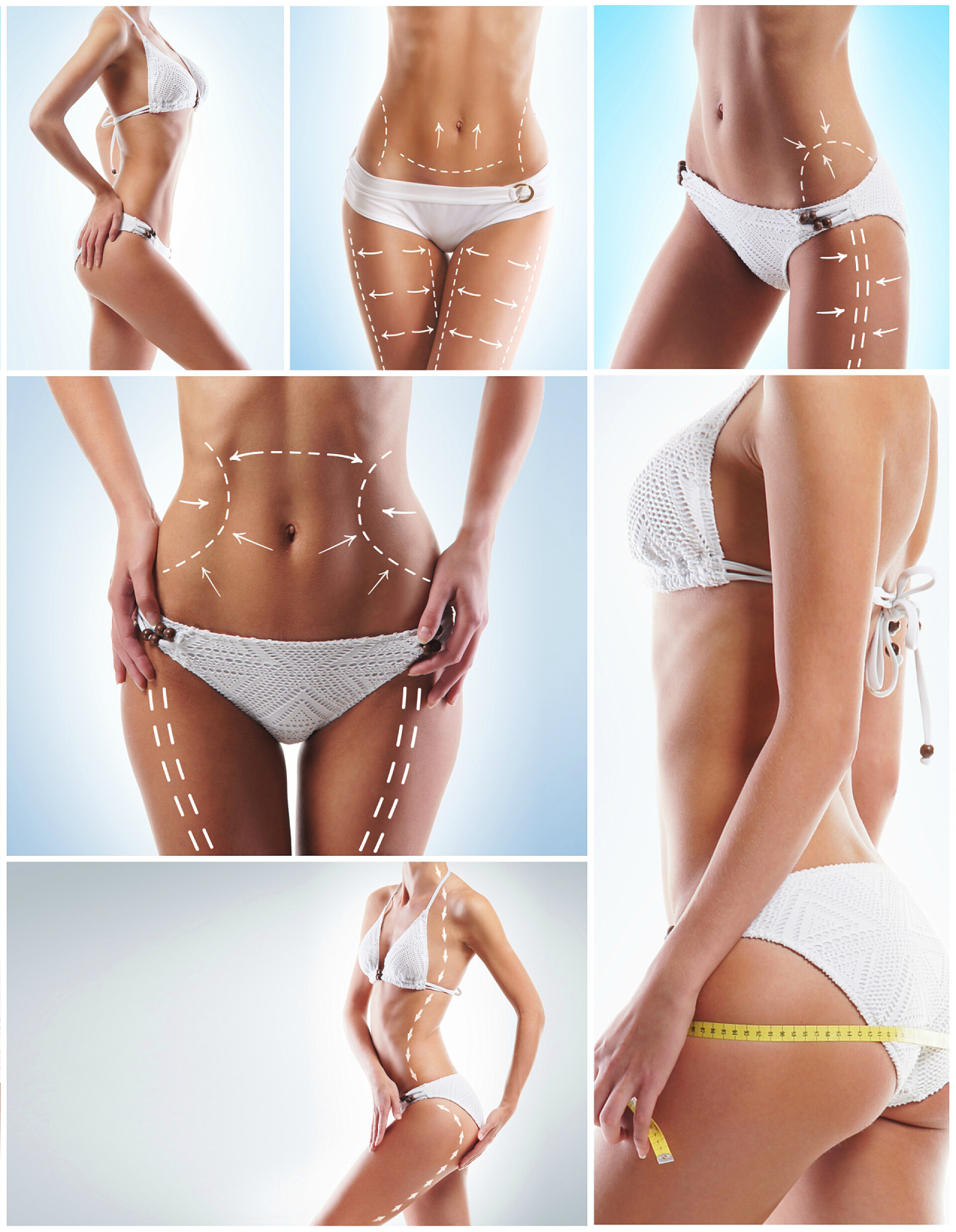 身材姣好的女人身上的尺寸穿着白色泳衣的年轻女子健康美丽的身体。收集不同的照片.