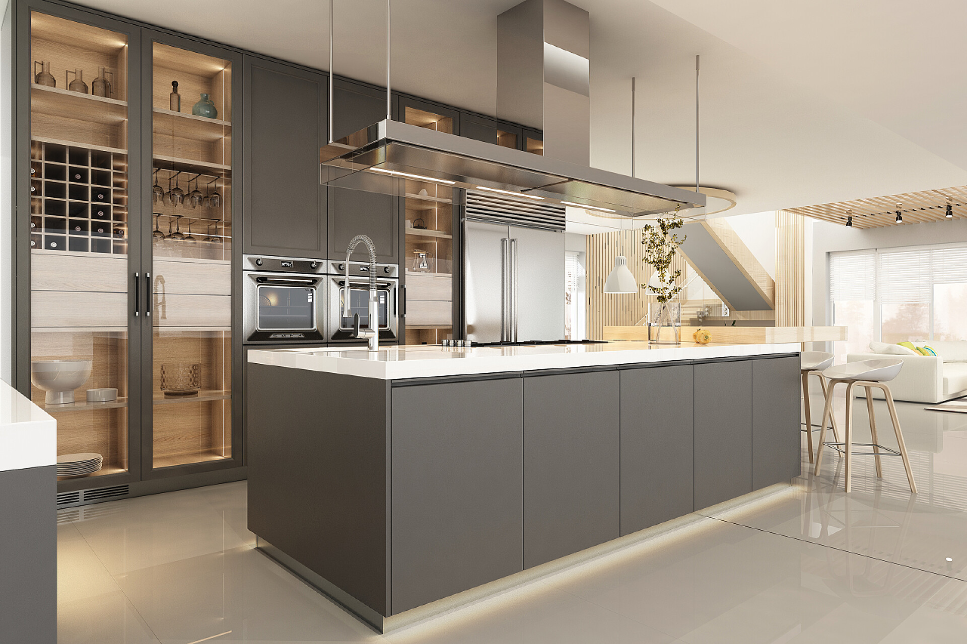 简约装修的现代风格厨房带有客厅的厨房的现代内部