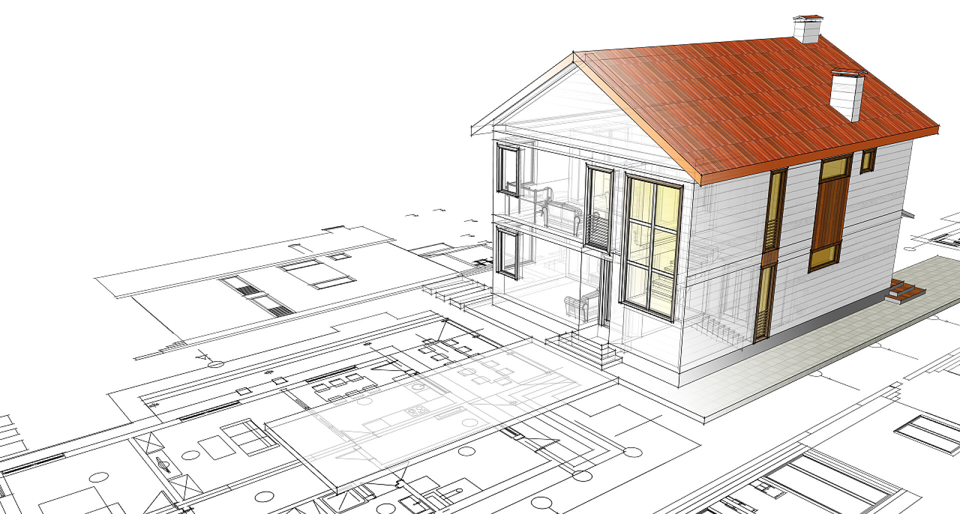 现代传统的3D草图传统现代房屋草图3D插图