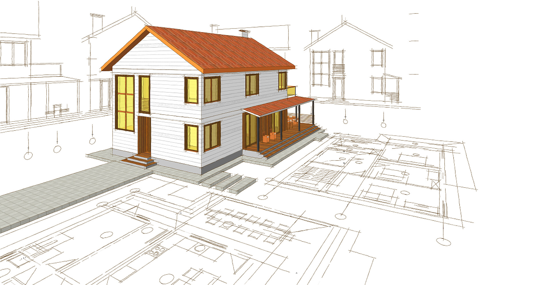 3D视觉图的房子建筑传统现代房屋草图3D插图