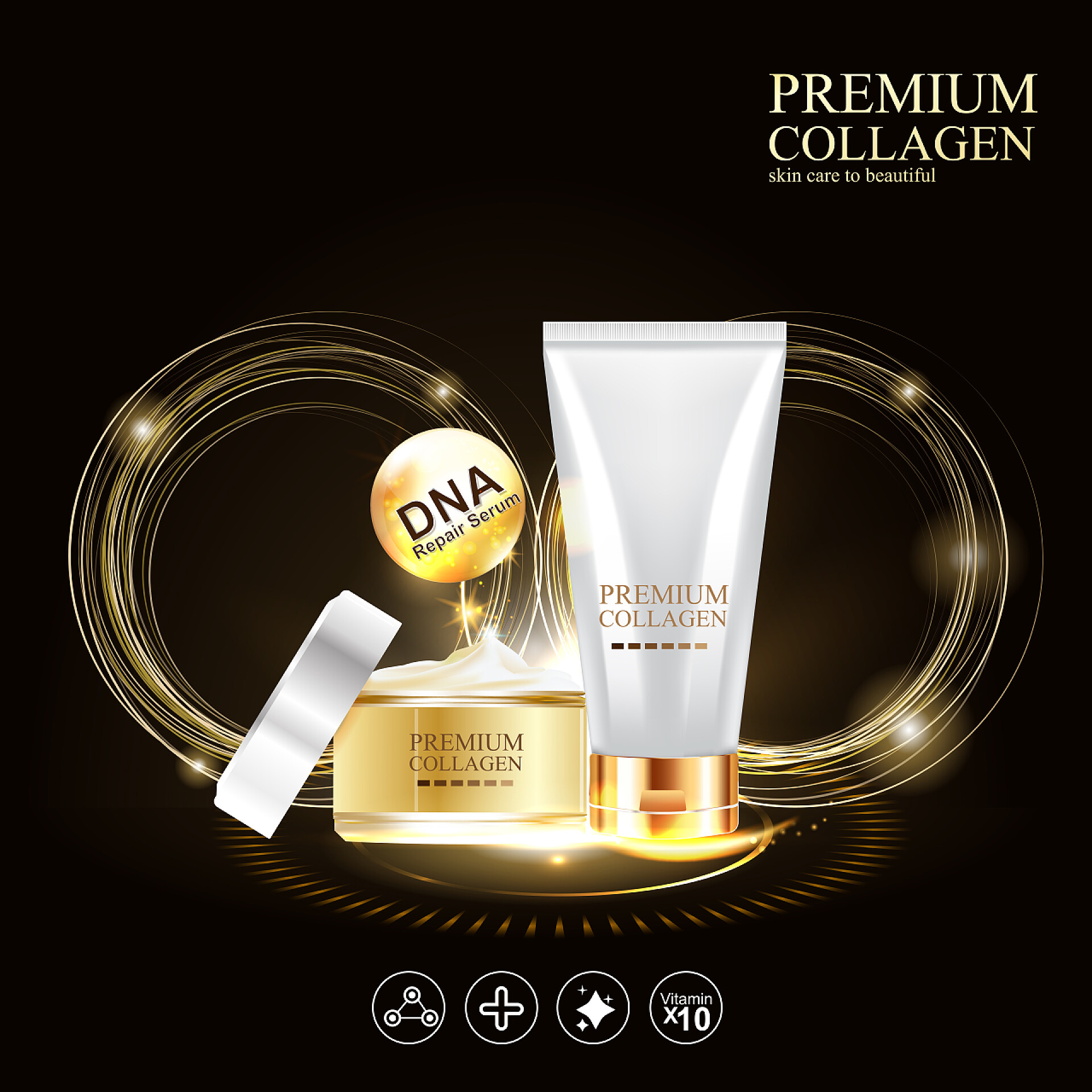 黑色背景墙的面霜和乳液优质胶原蛋白血清和维生素载体背景.