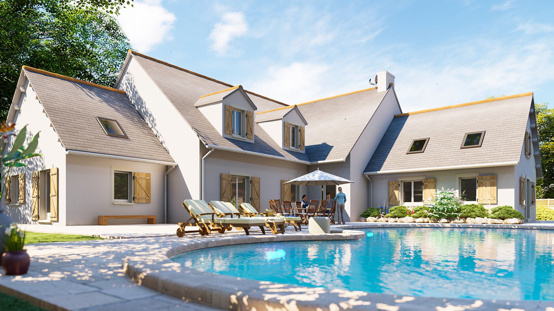 蓝天白云下的别墅和泳池带有游泳池和花园的经典斜板屋面的三维绘制