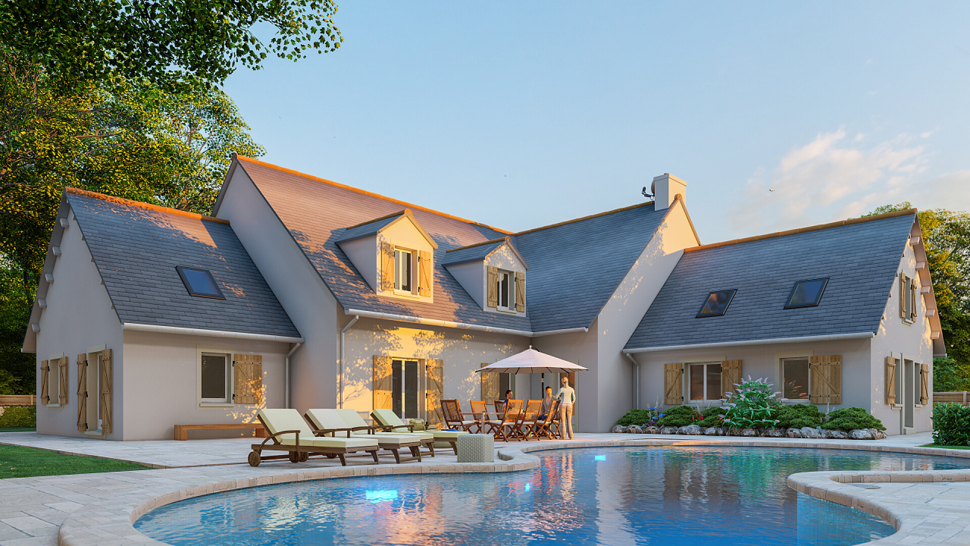 带泳池的别墅带有游泳池和花园的经典斜板屋面的三维绘制
