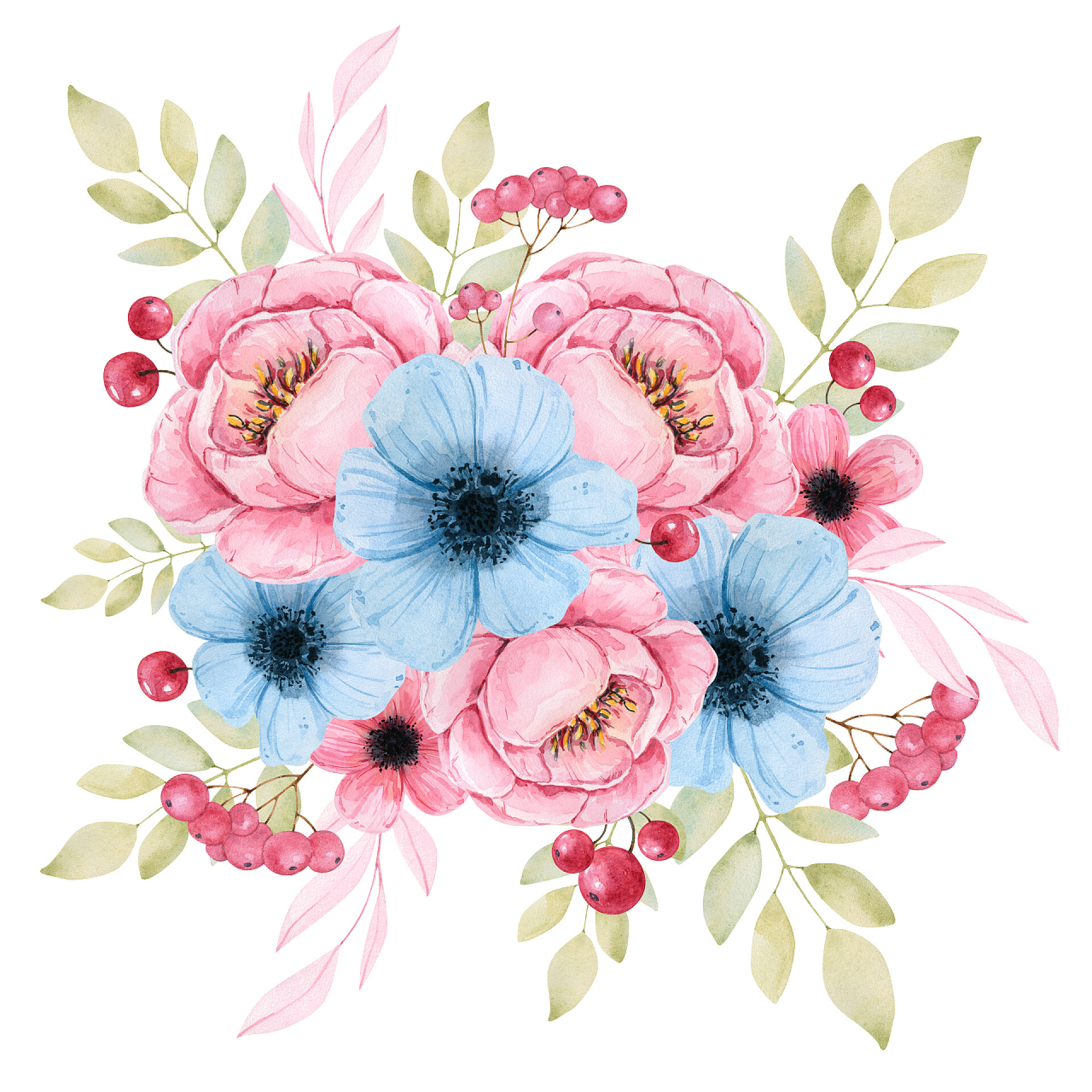 白色背景前的花朵精致的高解析度水彩画，有牡丹、蓝花、各种小枝和红色浆果。明信片、标志、名片和装饰品的设计