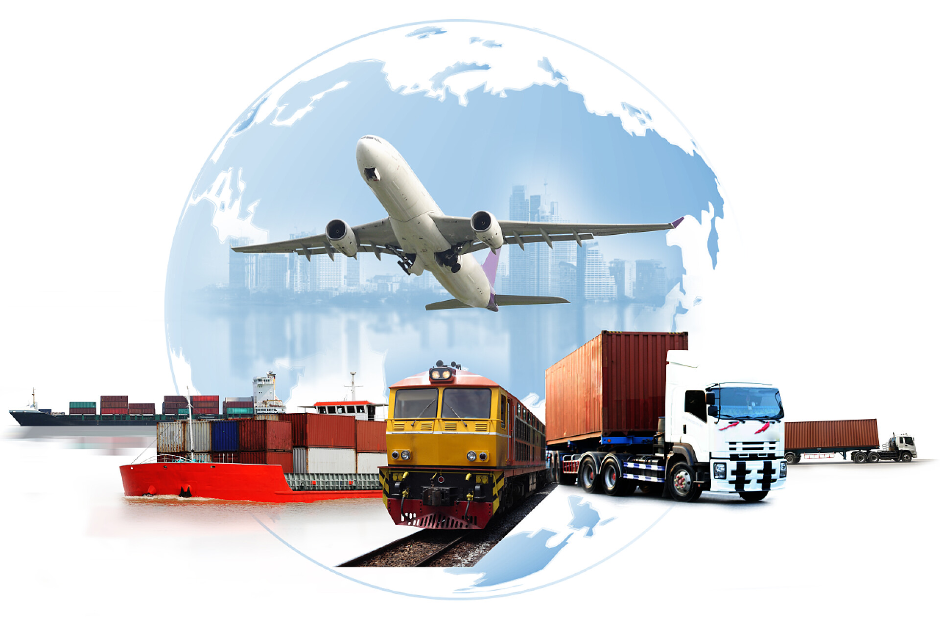 白色背景下各种的运输工具运输、进出口和物流概念、集装箱卡车、港口船舶和运输中的货运飞机以及进出口商业物流、航运业 