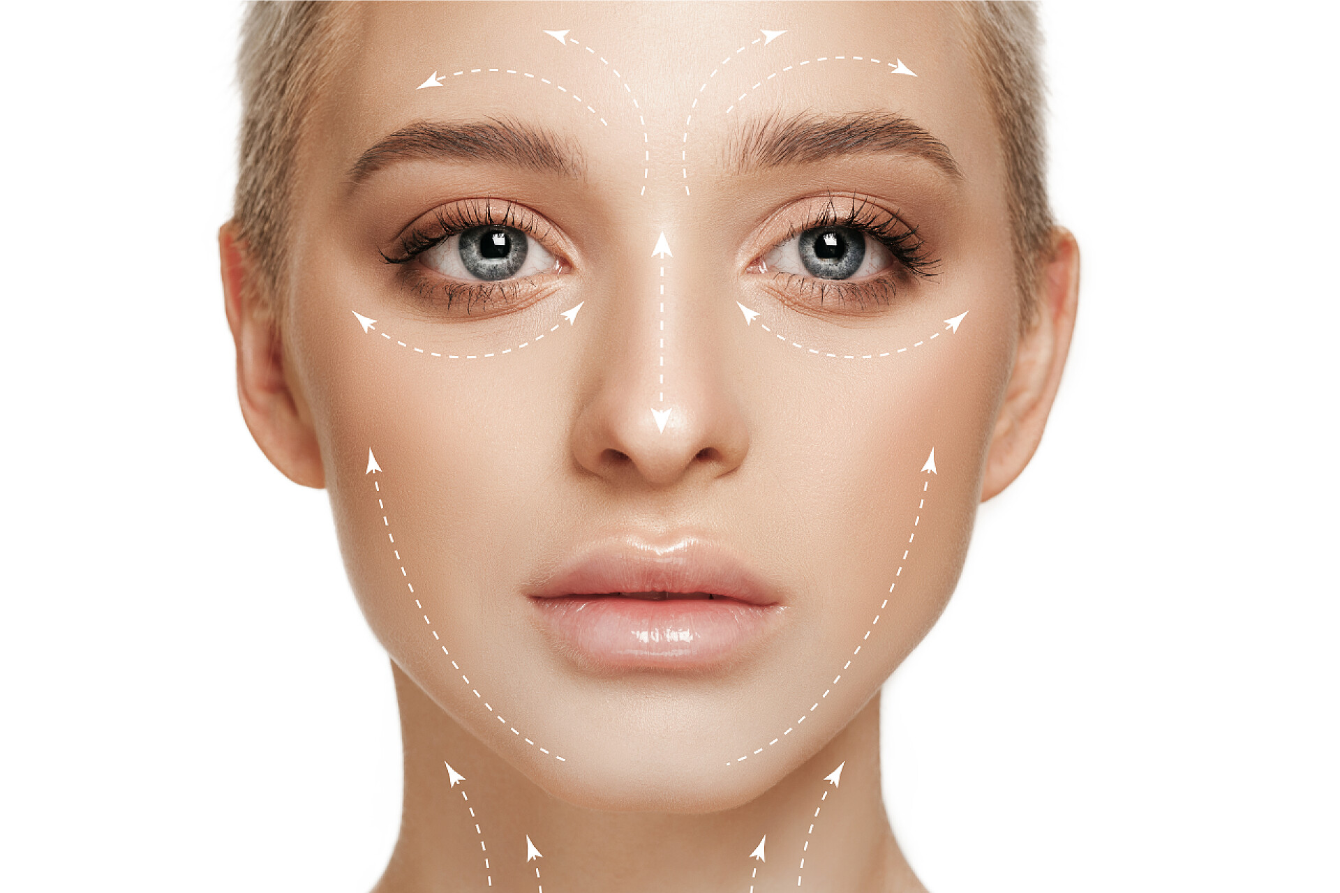 白色背景钱一个女人脸部线条漂亮的女性脸蛋，带着被白色背景隔开的弓箭