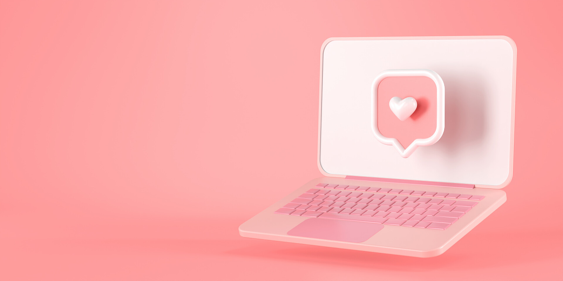 粉色背景前的笔记本电脑3D渲染心脏信息图标和粉色笔记本电脑