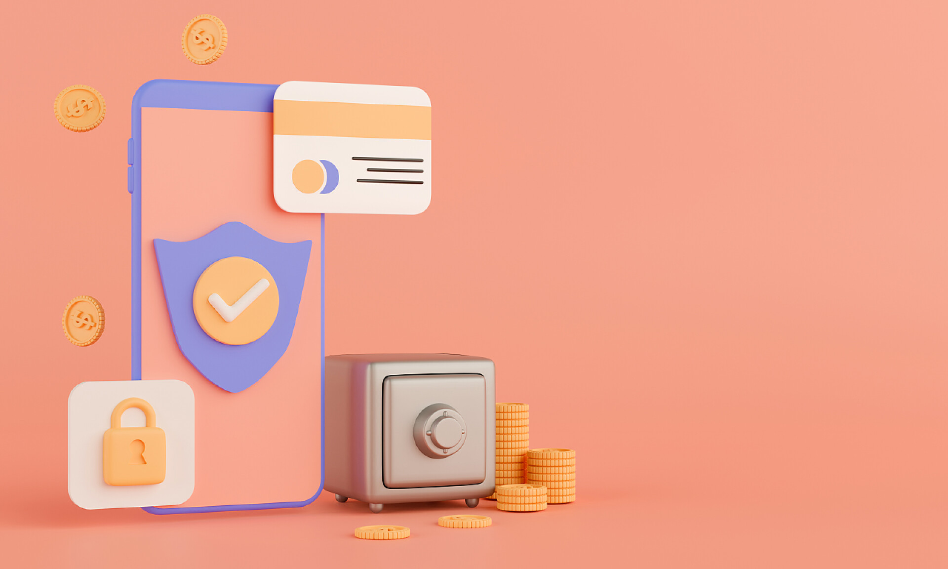 肉粉色的背景墙手机的财务管理三维渲染概念安全系统在智能手机中的财务应用。带有保险柜、硬币、信用卡和图标的移动电话.