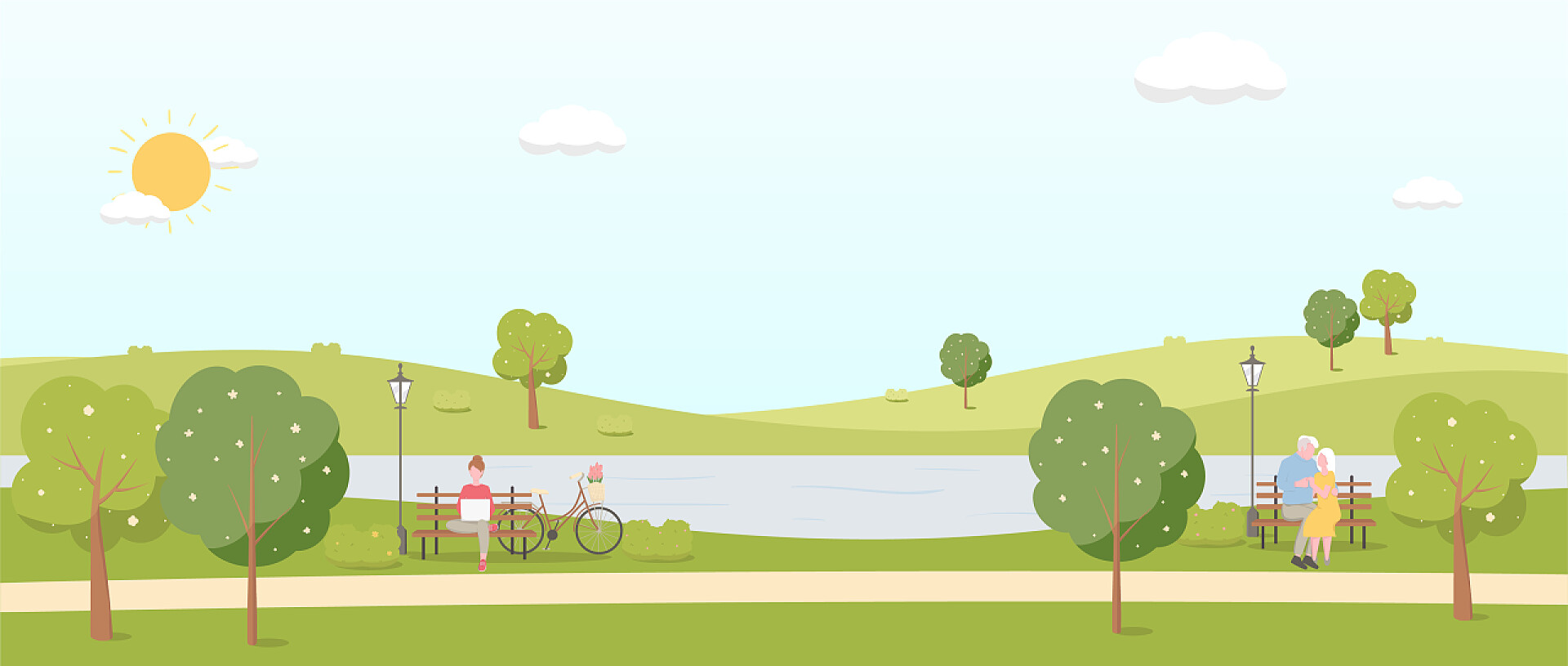 卡通背景下的春季春景背景，资深夫妇坐在长椅上，图解