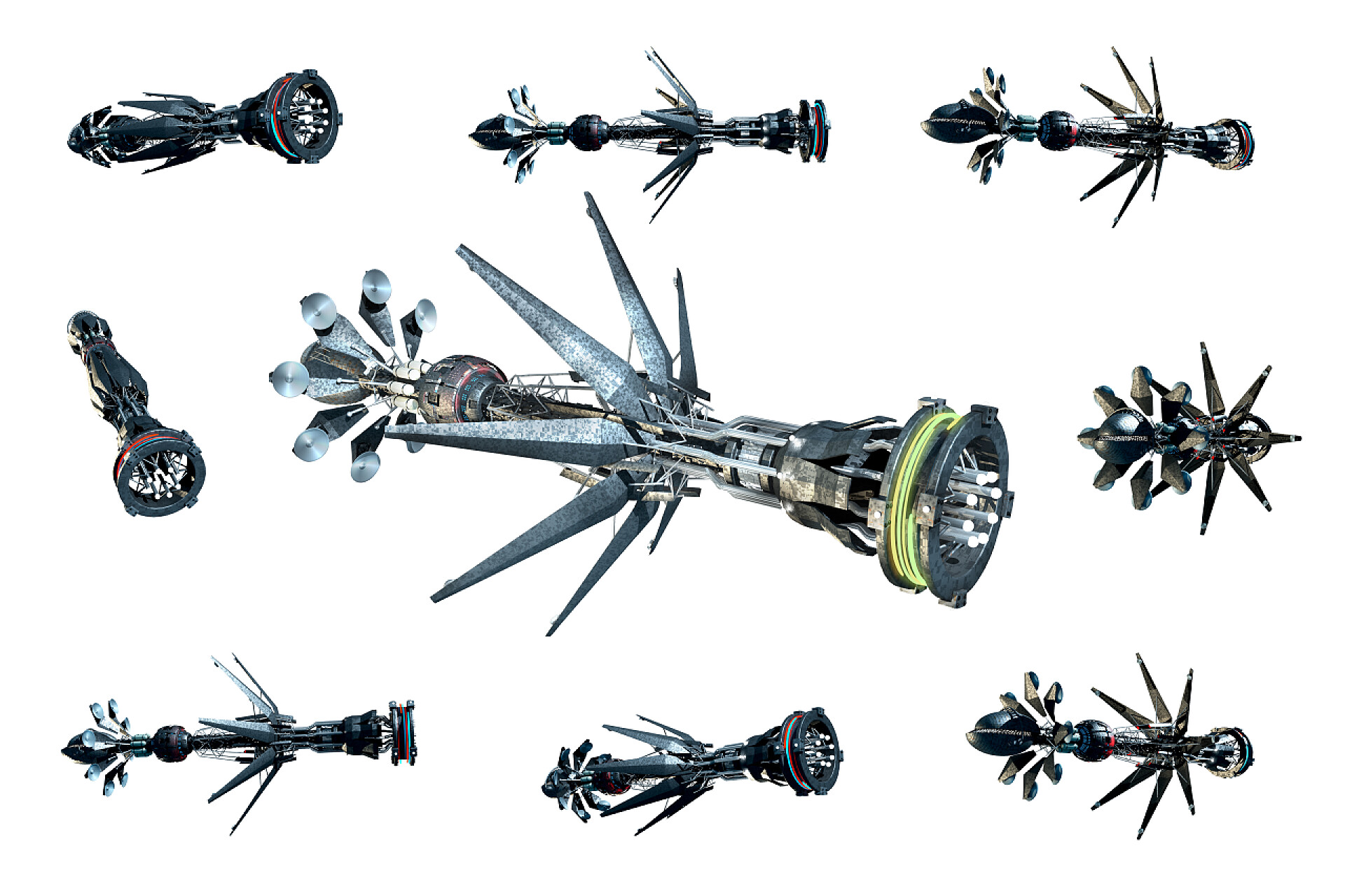 白色背景墙的游戏道具设计科学幻想作品或电子游戏背景的三维图像拼贴，用白色隔离的宇宙飞船实例，剪贴路径包括在文件中.