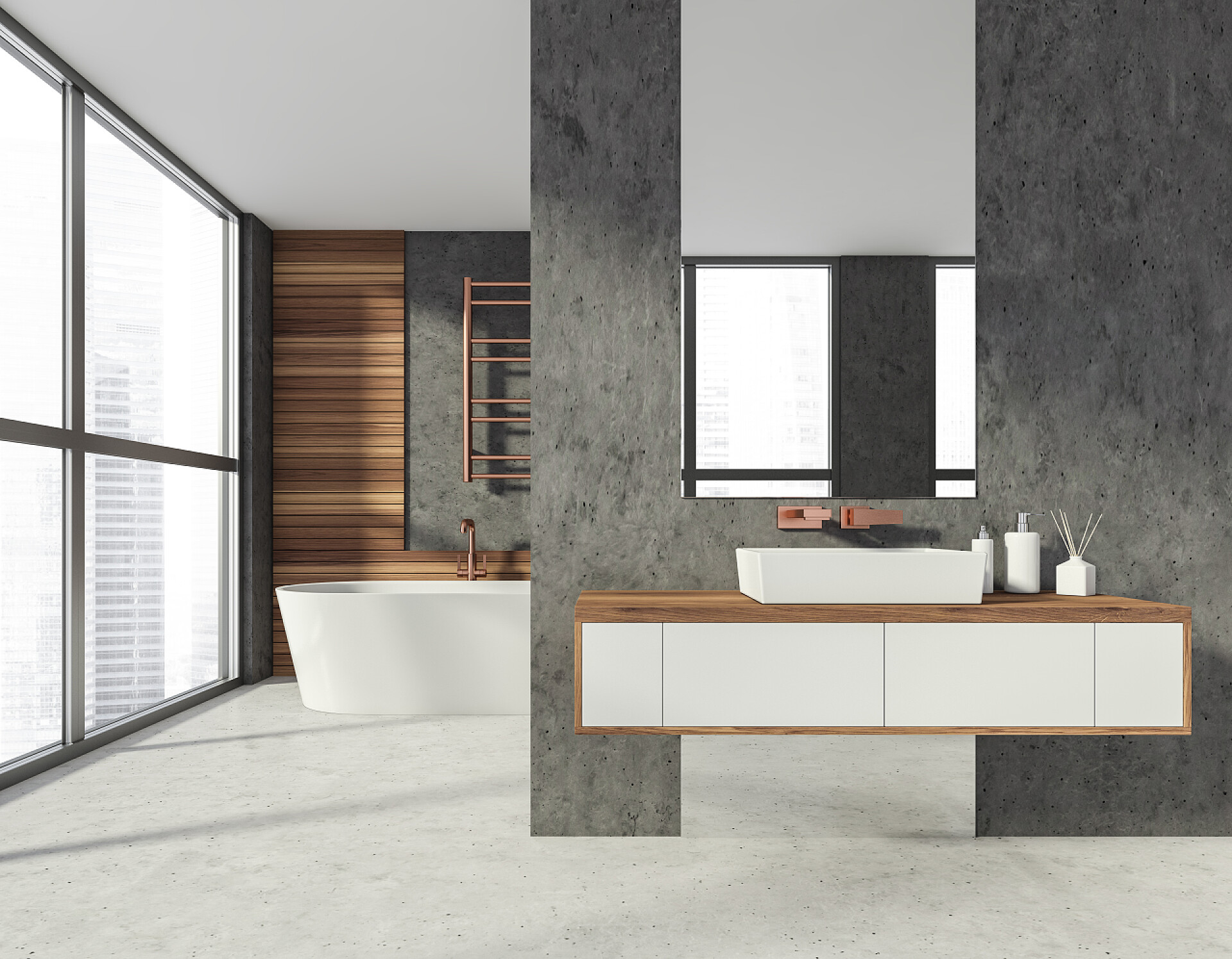签约装修的浴室现代时尚酒店浴室内部，与陶瓷浴缸和水槽与镜子。水泥地面。木制装饰元素。全景窗。城市景观。3d渲染