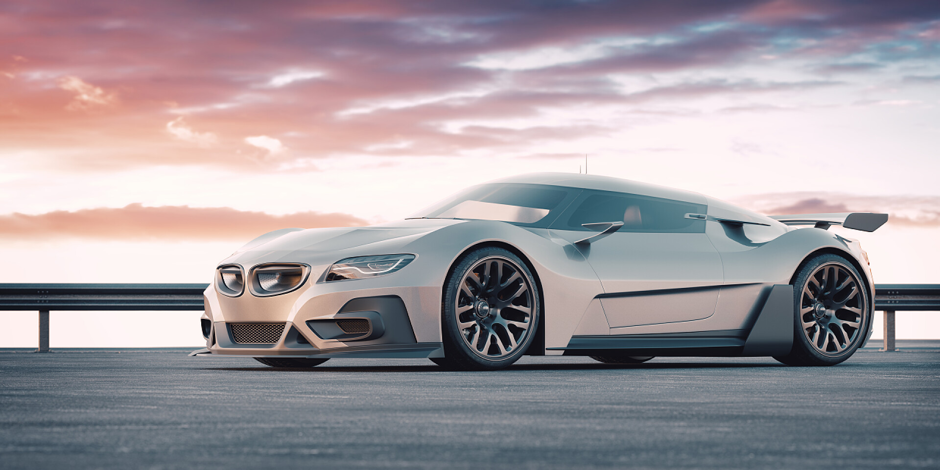 一辆轿车在路上停靠在路边无品牌通用概念车的三维渲染