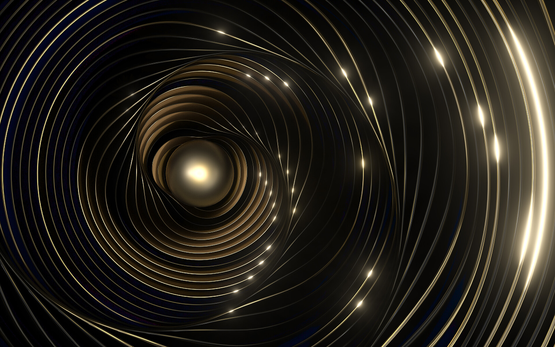 黑色背景墙的金色流动线黑色背景的流动曲线，3D渲染。计算机数字绘图.