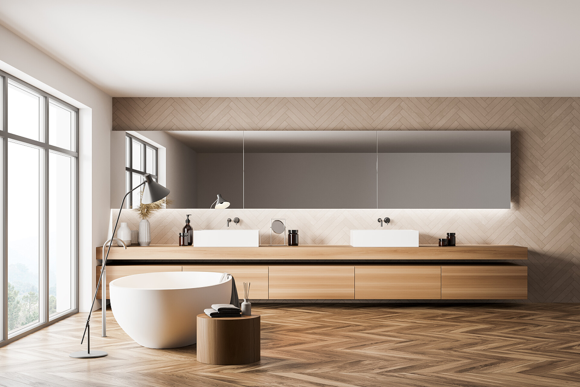 简约风格装修的浴室侧景简约的白色和木制浴室内部与白色浴缸，双水池和窗户与模糊的山景。豪华酒店,休闲休闲休闲的概念.3d渲染