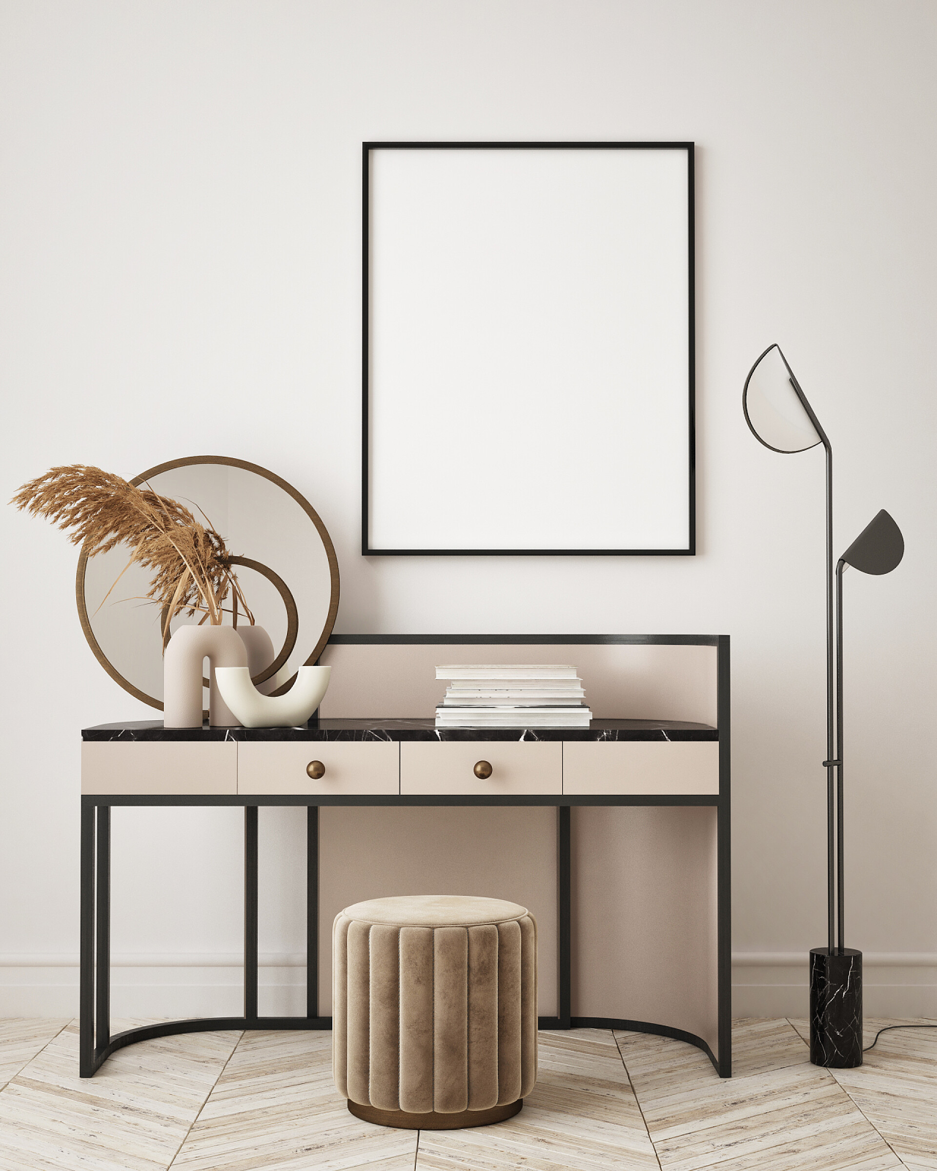 简约的装修风格模拟海报框架在现代内部背景，家庭办公室，斯堪的纳维亚风格，3D渲染，3D插图