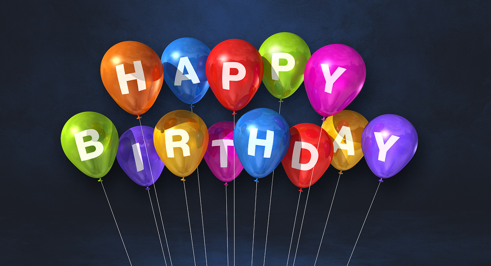 黑色背景墙生日快乐的气球一个色彩斑斓的生日空气气球在一个黑色的背景场景。横向横幅。3D插图渲染