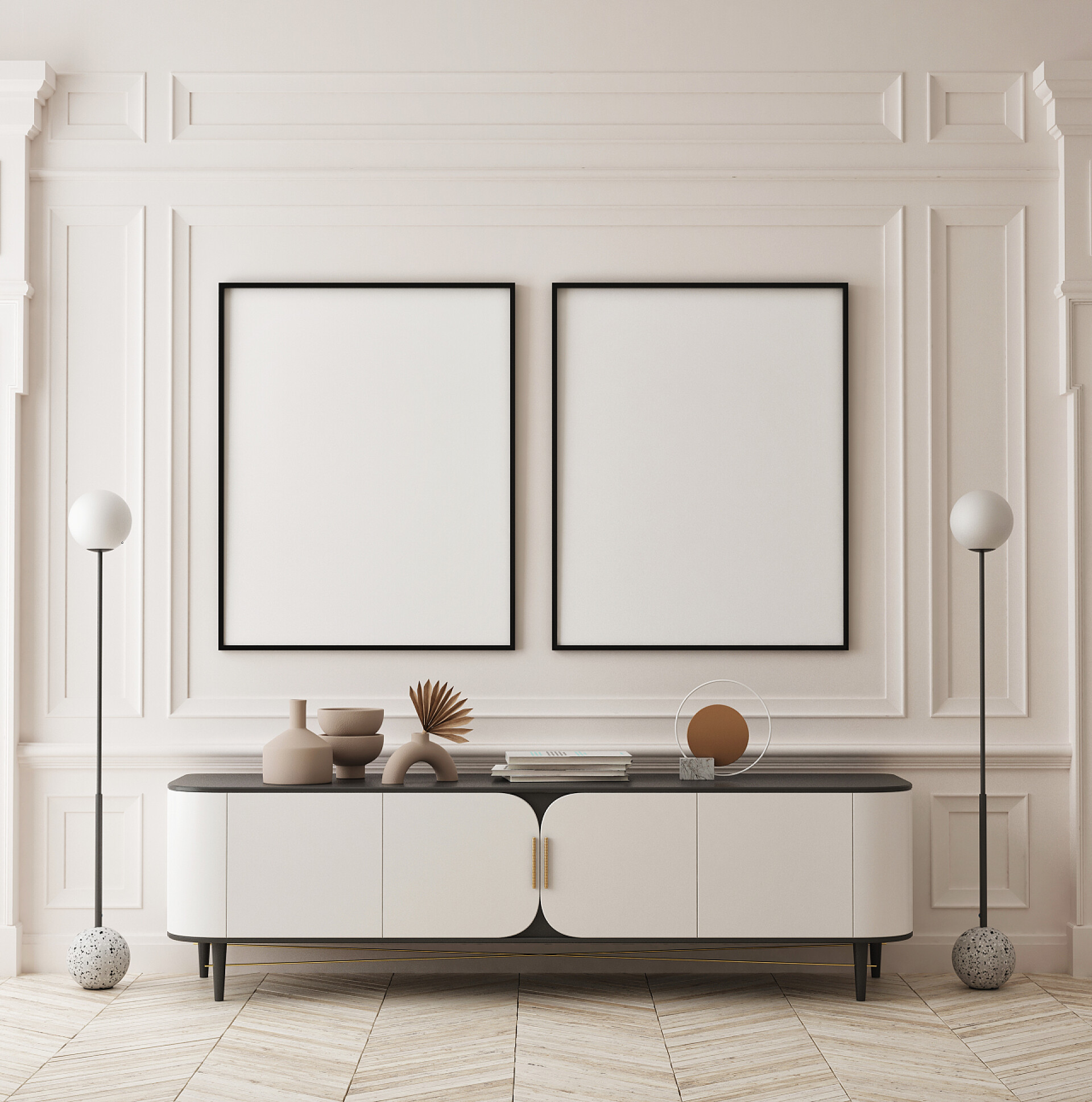 简约装修的房间在现代室内环境、客厅、简约风格、 3D渲染、 3D插图中模仿海报框架