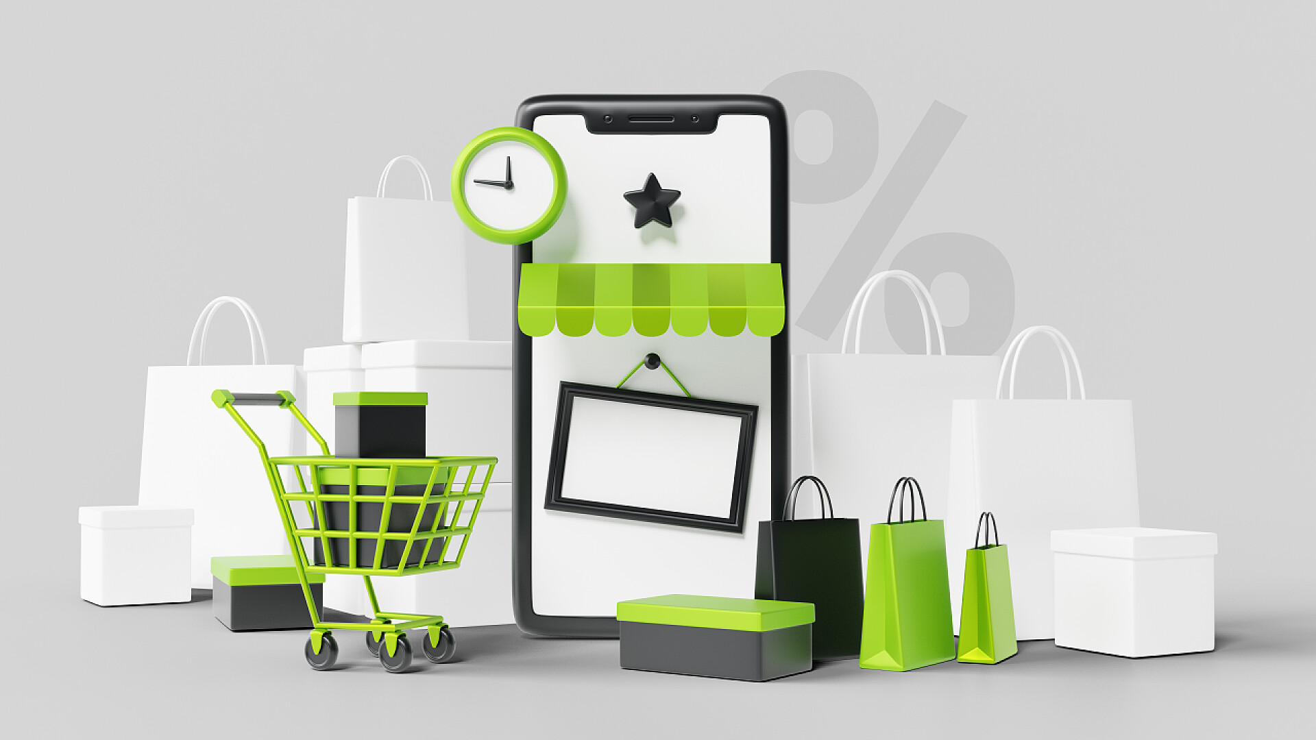 白色背景墙的购物3D手机购物模型，配有智能手机和灰色背景购物袋