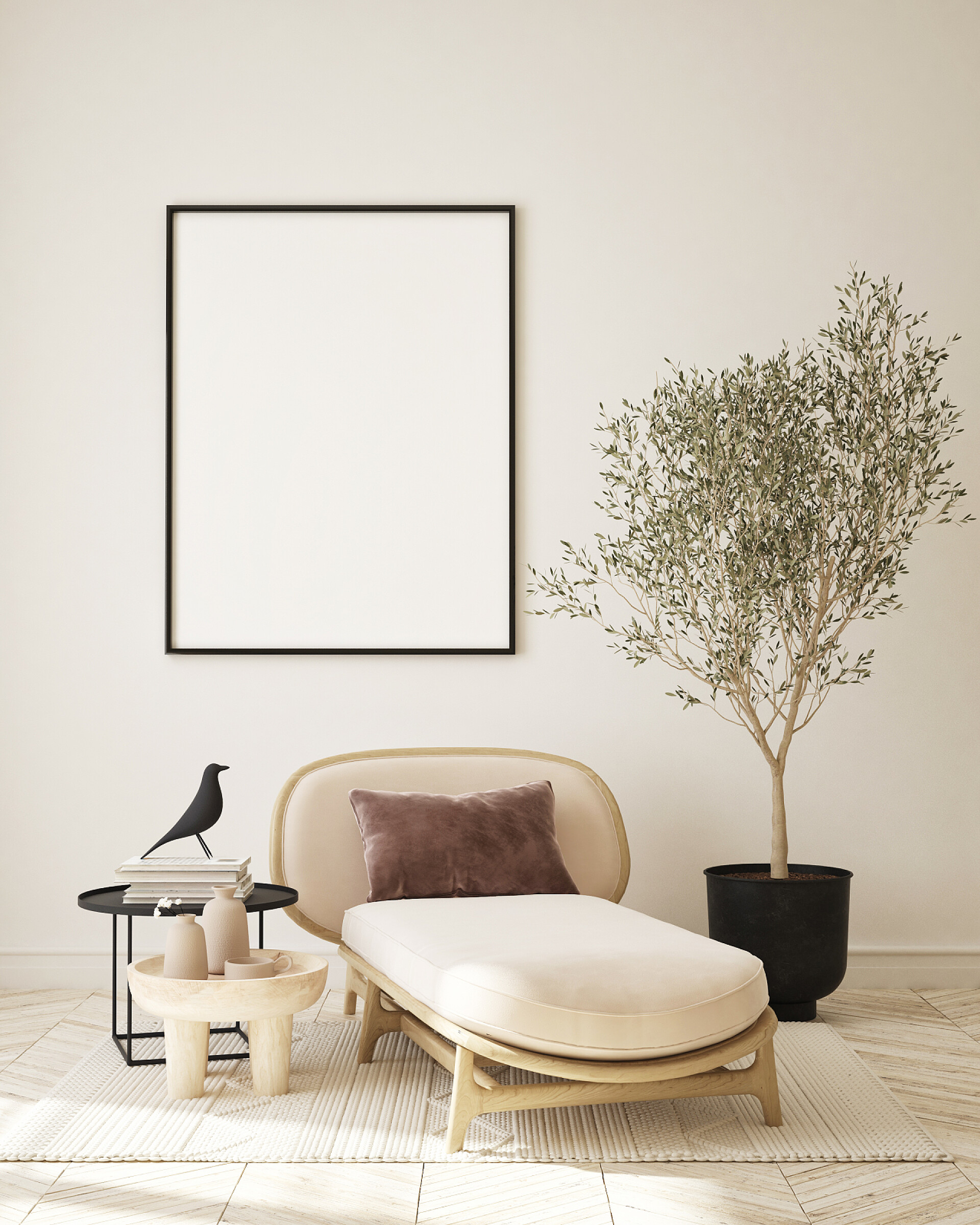 温馨背景下的客厅在现代室内环境、客厅、简约风格、 3D渲染、 3D插图中模仿海报框架