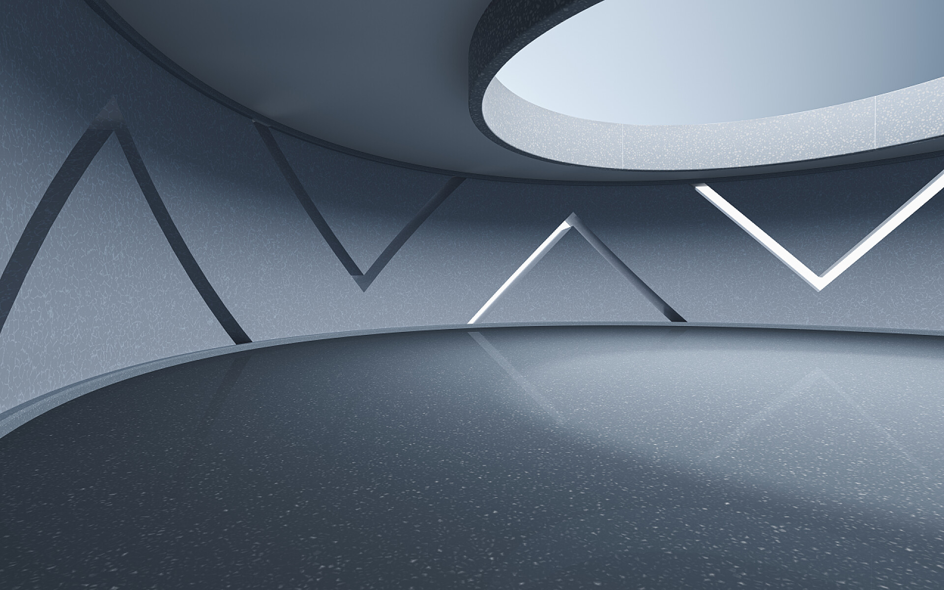 灰色背景下的圆形房间空旷的圆形房间，空间感，3D渲染。计算机数字绘图.