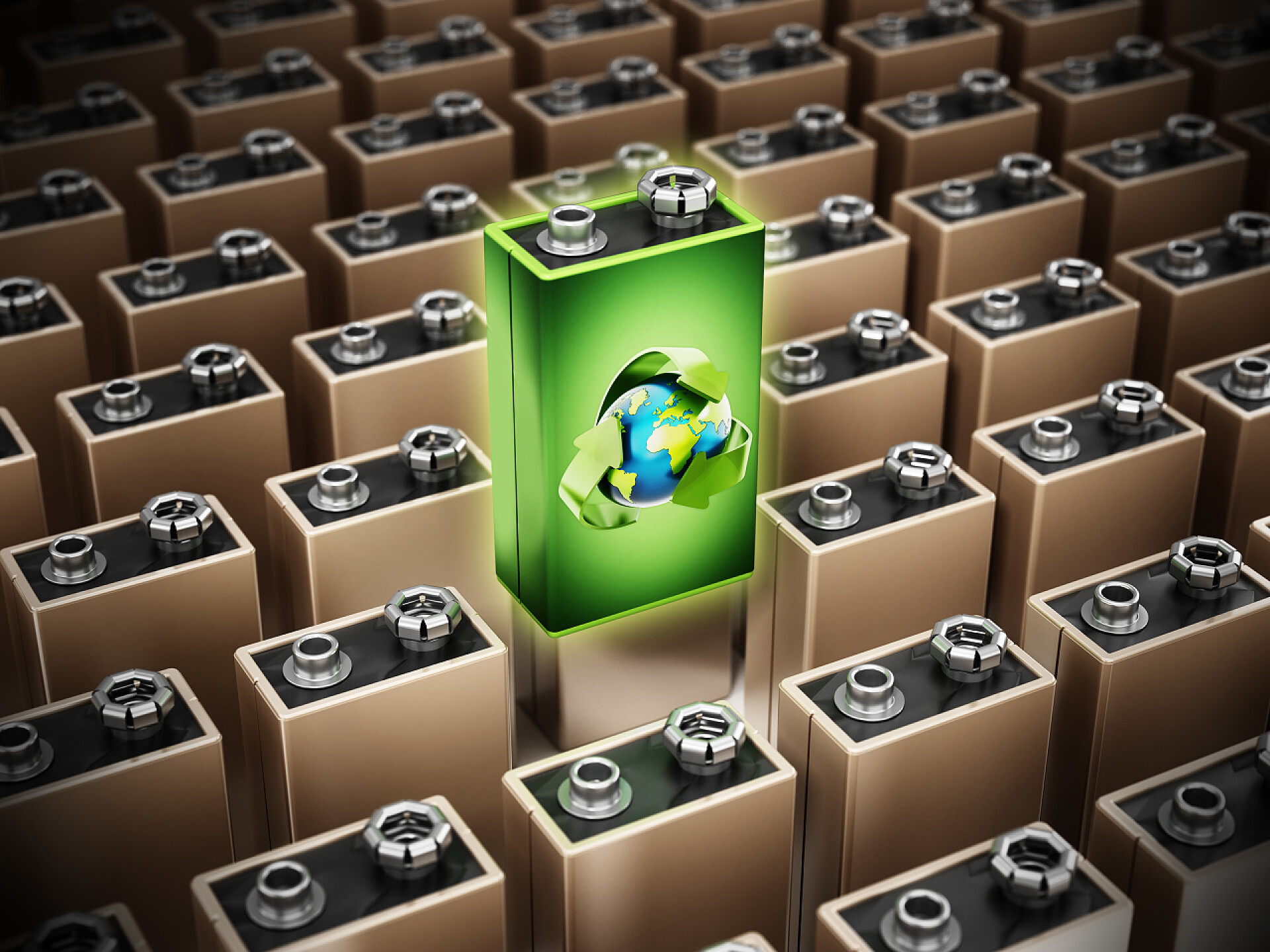 电池中的一个环保电池绿色电池具有循环利用的标志,在普通的铝电池中脱颖而出.3D插图.